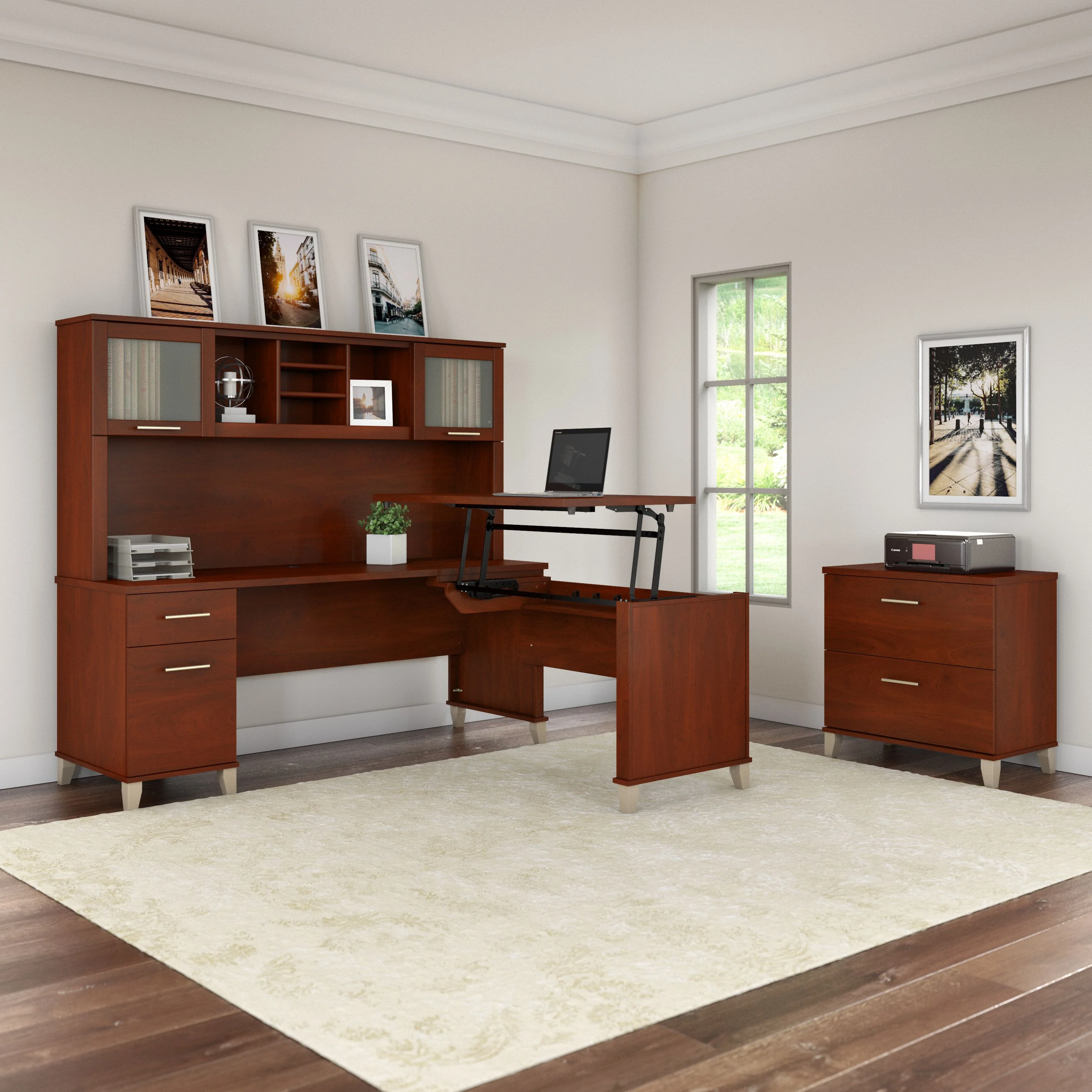 Somerset 72W 3 Position Sit to Stand L Shaped Desk with Hutch and File Cabinet