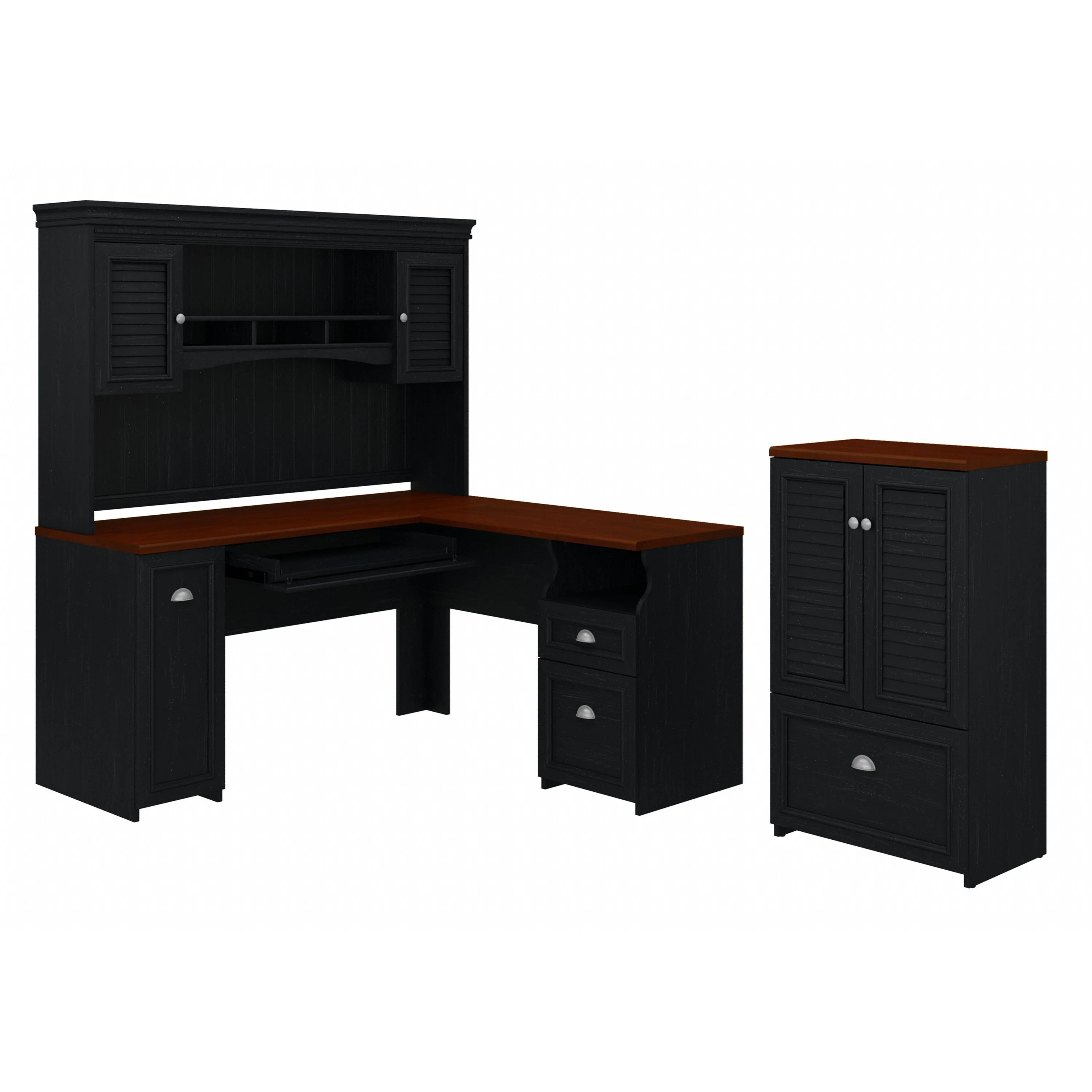 Fairview 60W L Shaped Desk with Hutch and Storage Cabinet with File Drawer
