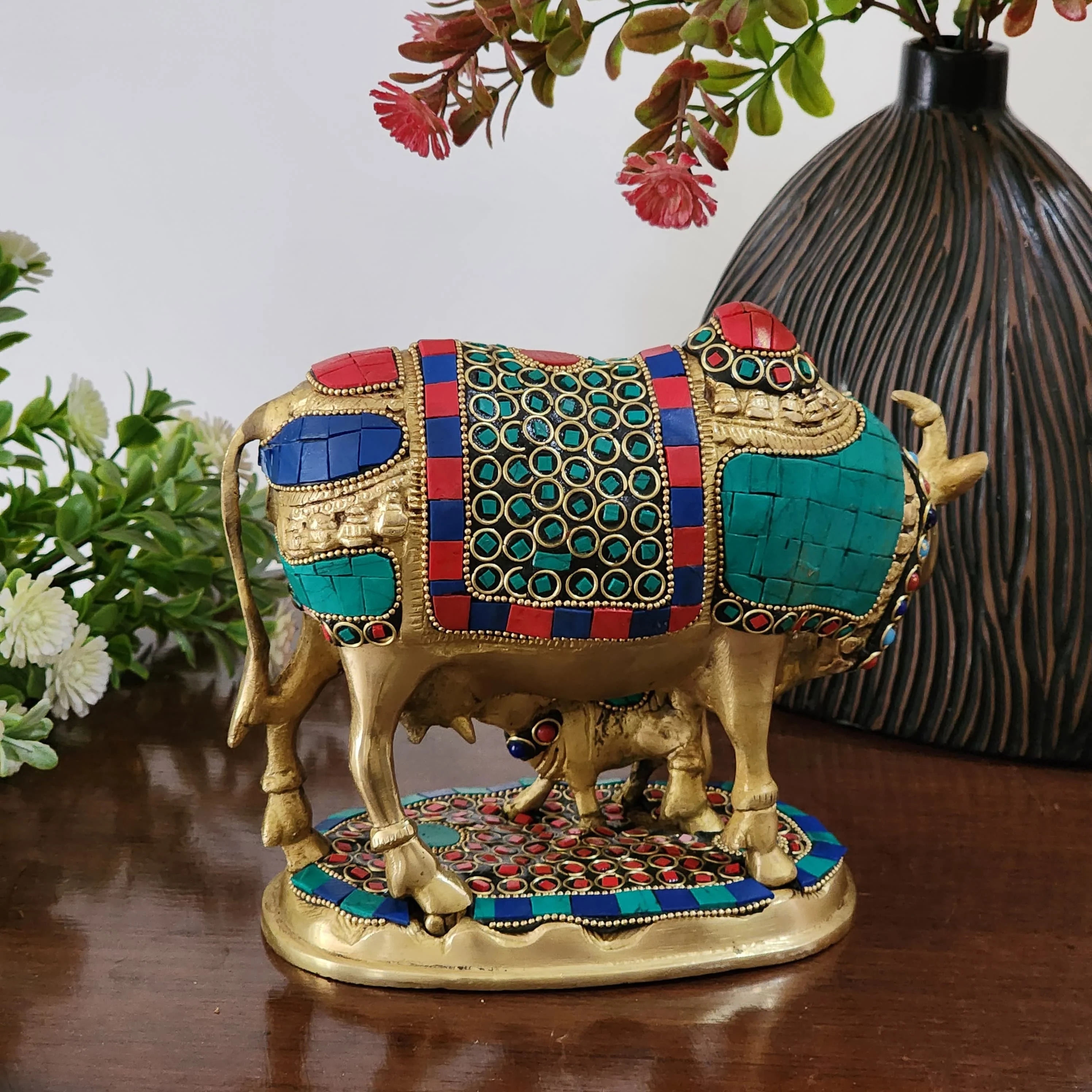 8 Inches Cow and Calf Handmade Brass Statue With Stonework -  Decorative Figurine