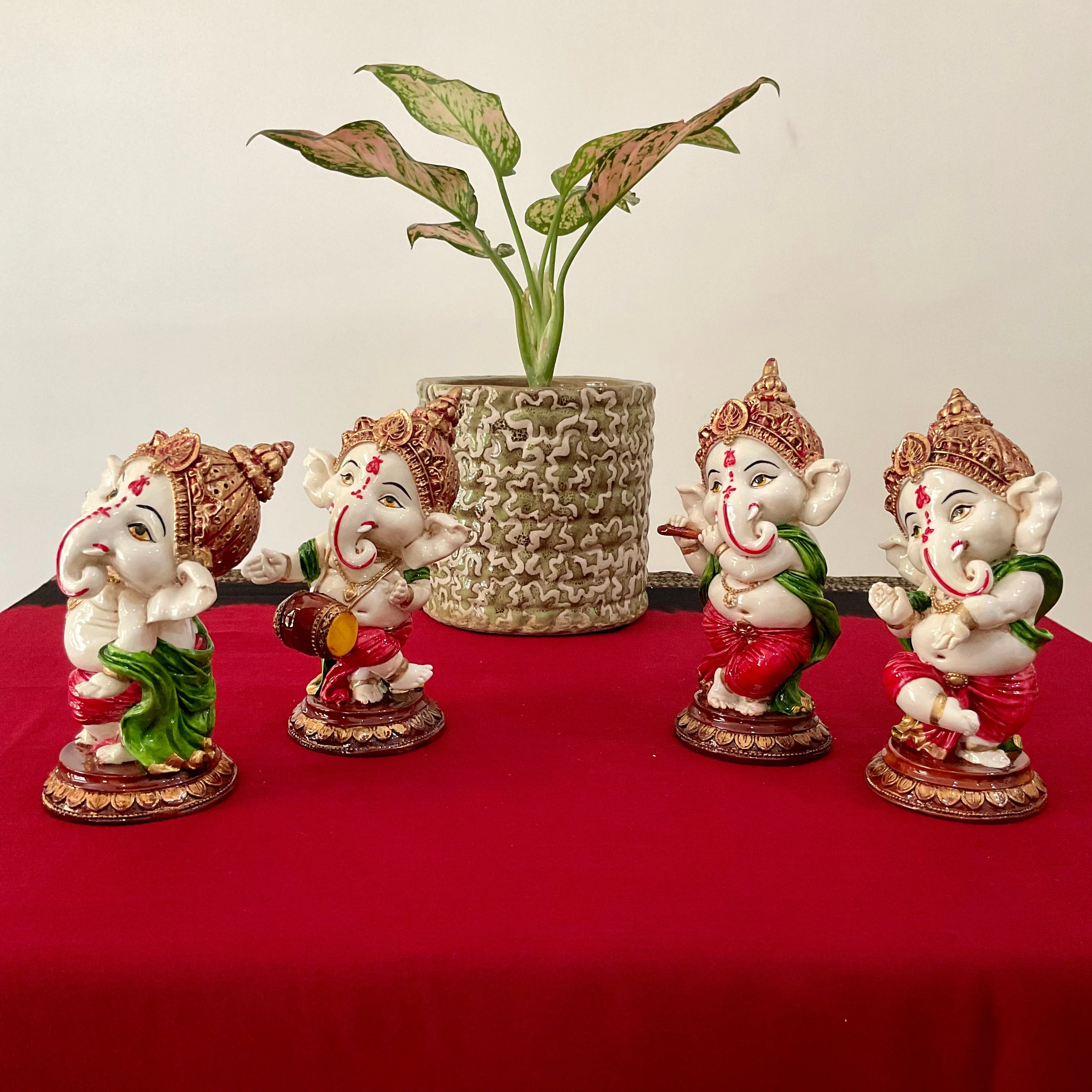 Dancing & Musician Baby Ganesh Marble Dust & Resin Idol (Set of 4)