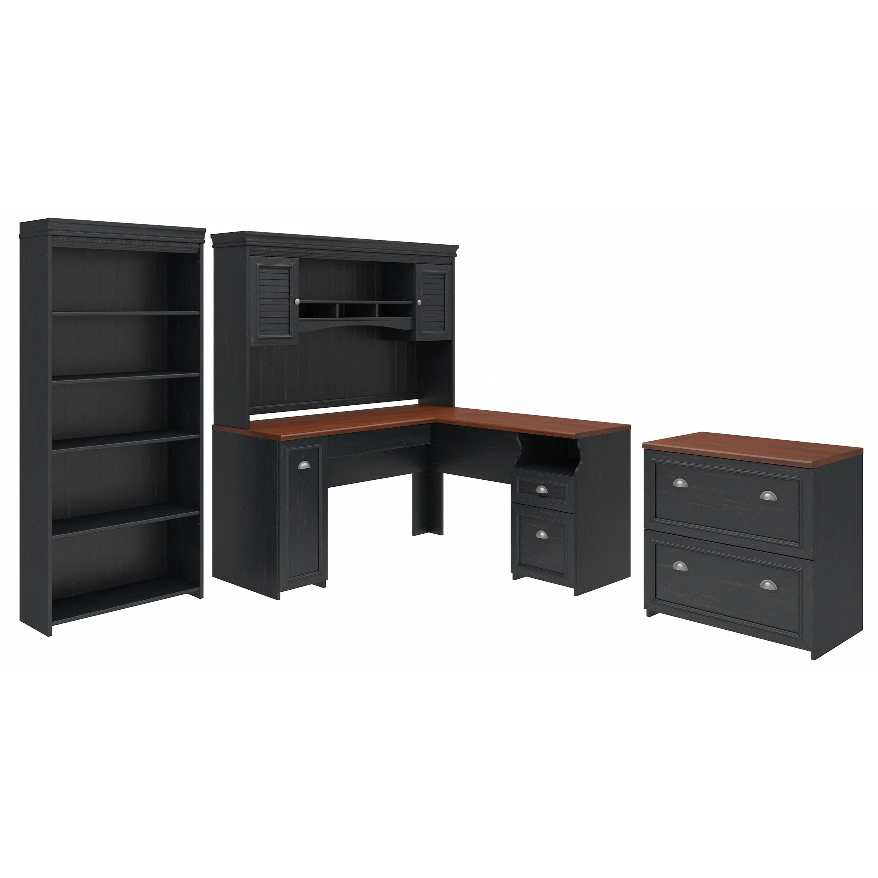 Fairview 60W L Shaped Desk with Hutch, Lateral File Cabinet and 5 Shelf Bookcase