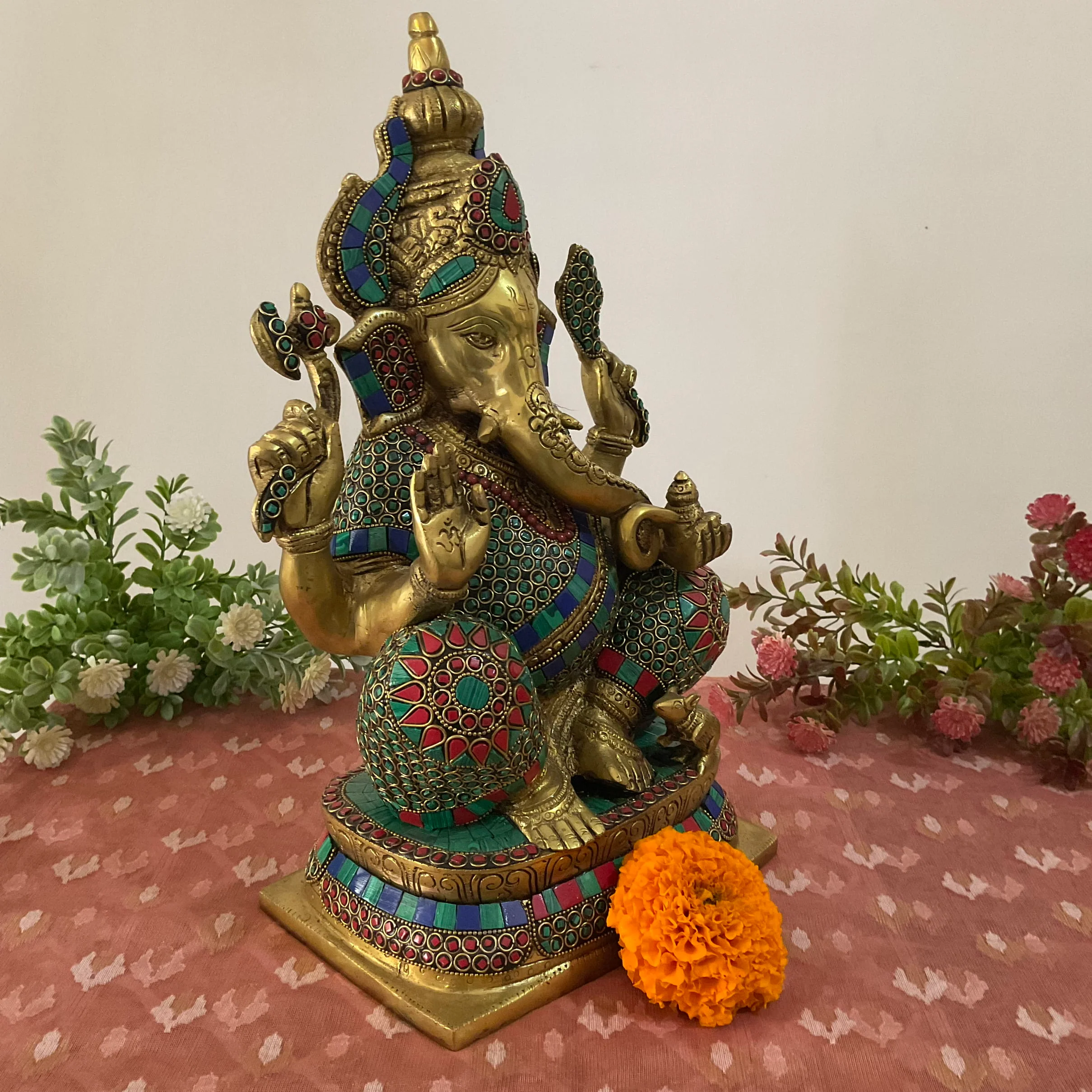 15 Inch Brass Ganesh Idol With Stonework - Ganpati Statue for Home Pooja, Housewarming Gift