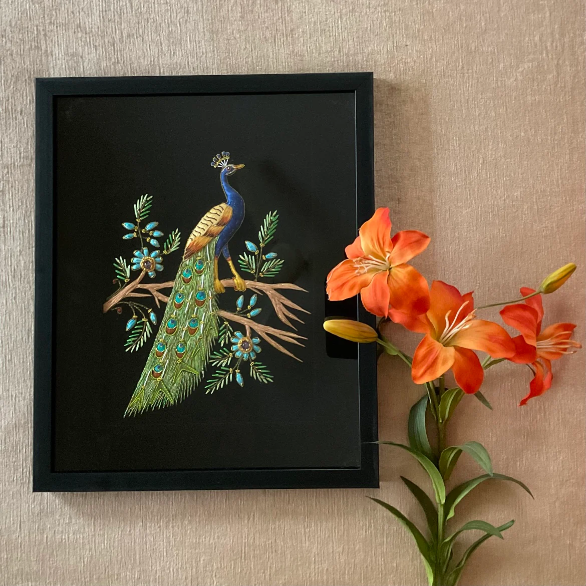 Zardozi Embroidered Peacock Handmade Painting - Handpainted Wall Decor