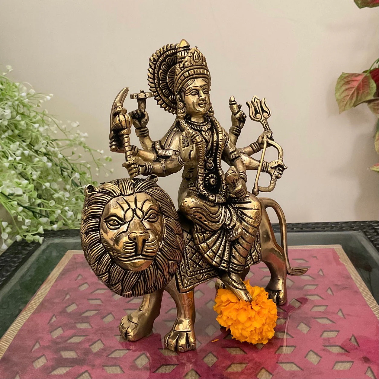 9 Inches Ma Durga Brass Idol -  Hindu God Statue - Decorative Murti