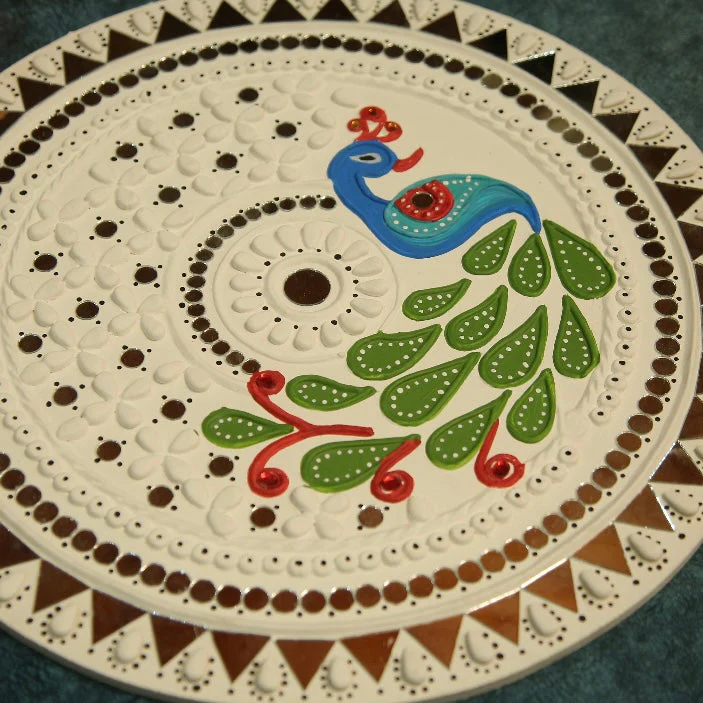 15 Inches Peacock and White Lippan Art Wall Hanging - Mirror Wall Decor