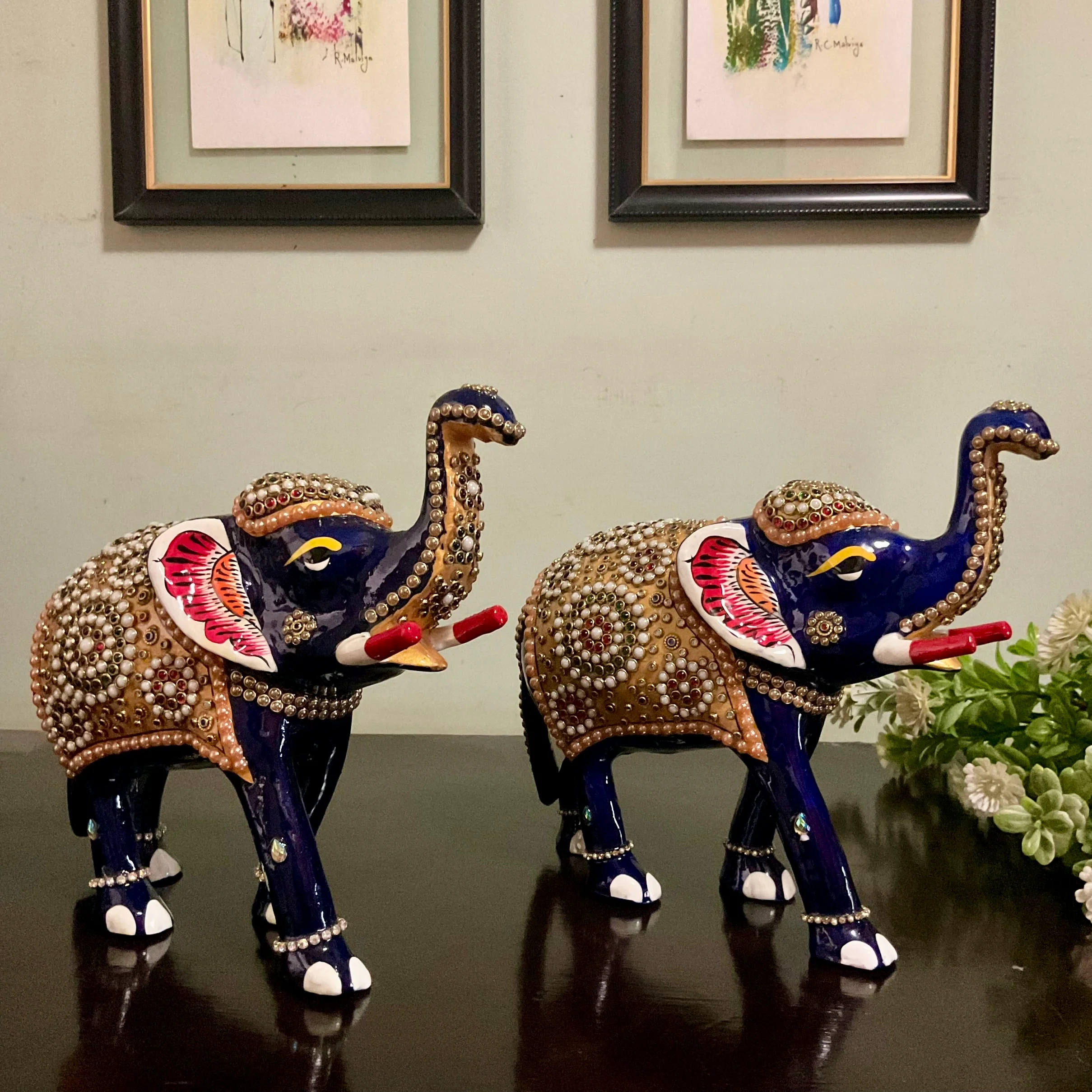 Handcrafted Decorative Metallic Elephant (Set of 2) - Meenakari Stonework - Animal Decor