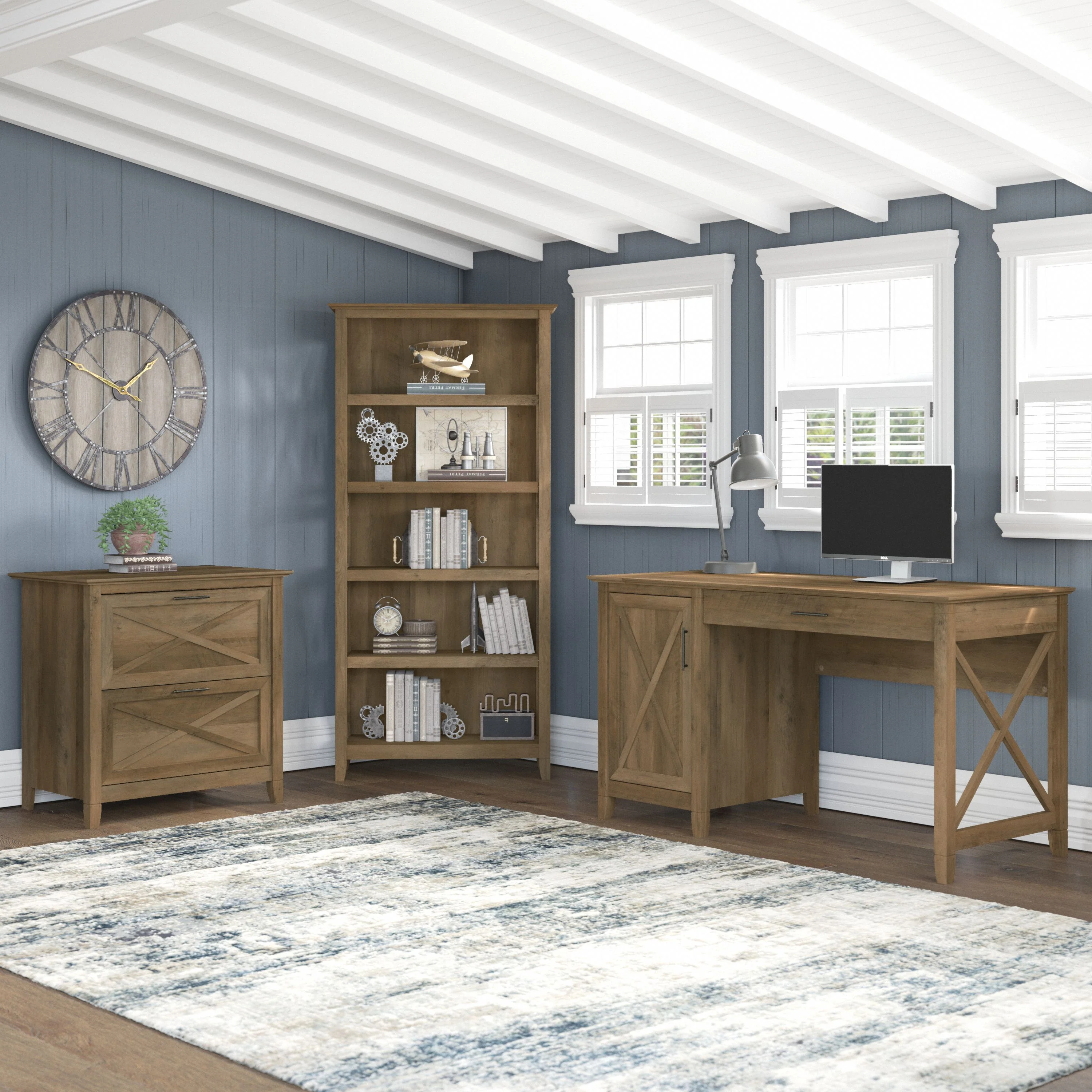 Key West 54W Computer Desk with 2 Drawer Lateral File Cabinet and 5 Shelf Bookcase