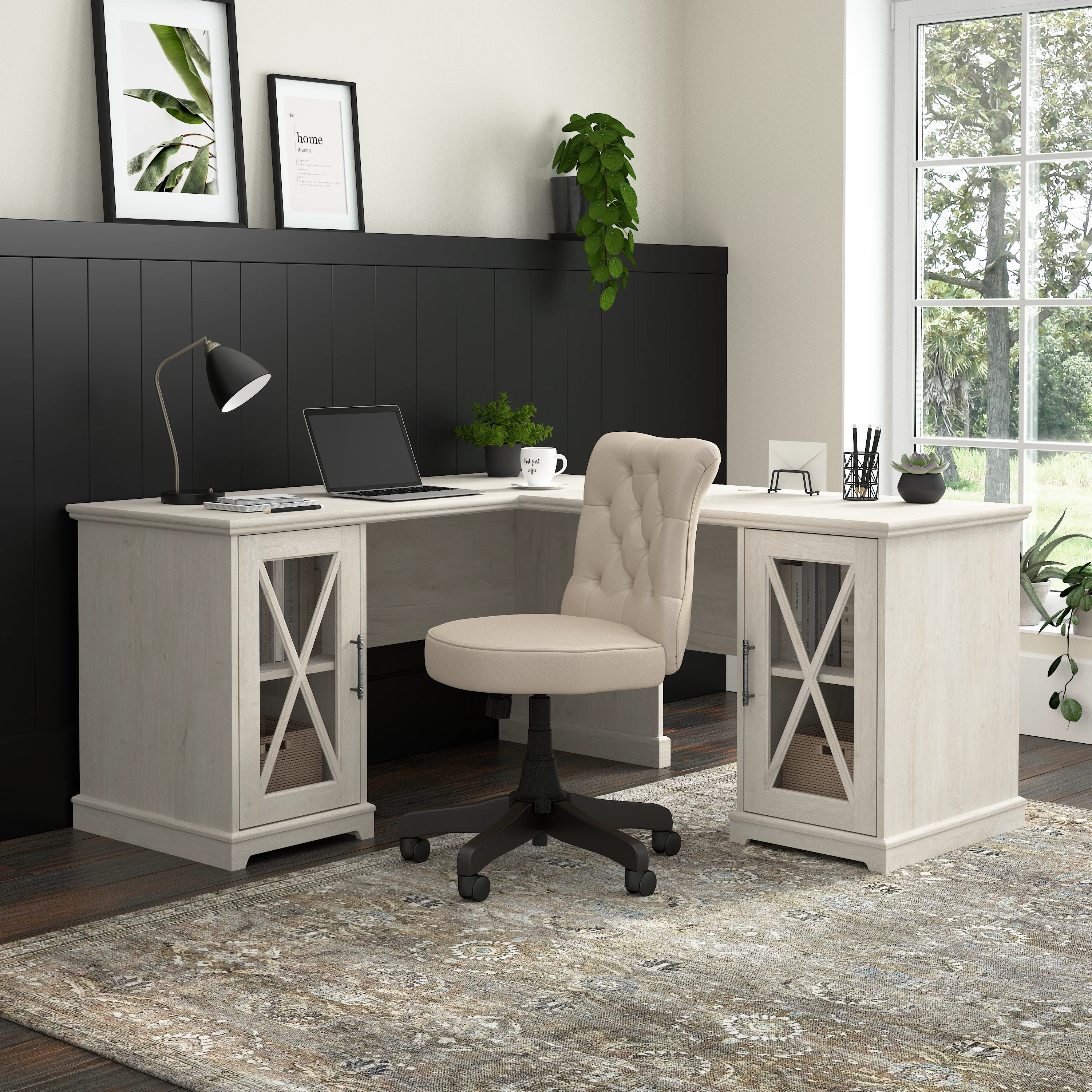 Lennox 60W Farmhouse L Shaped Desk with Storage Cabinets