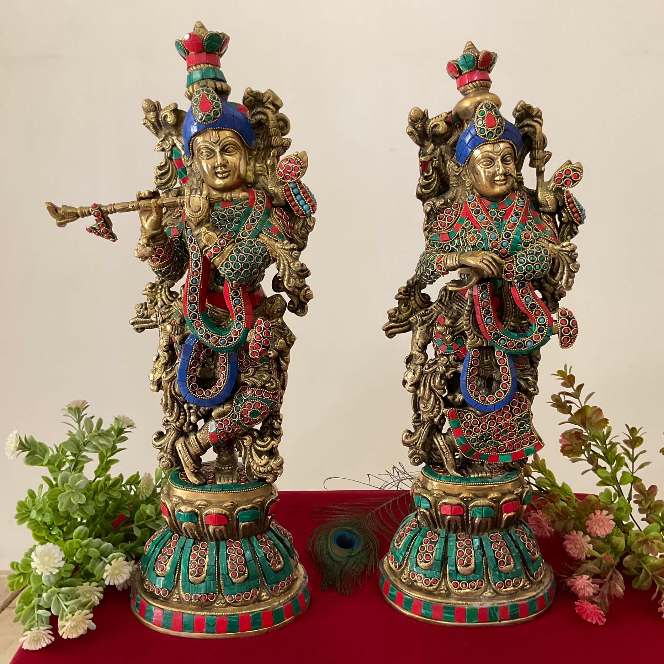 20 Inches Radha Krishna Idol Brass Stonework, God of Love, Decorative Statue Figurines