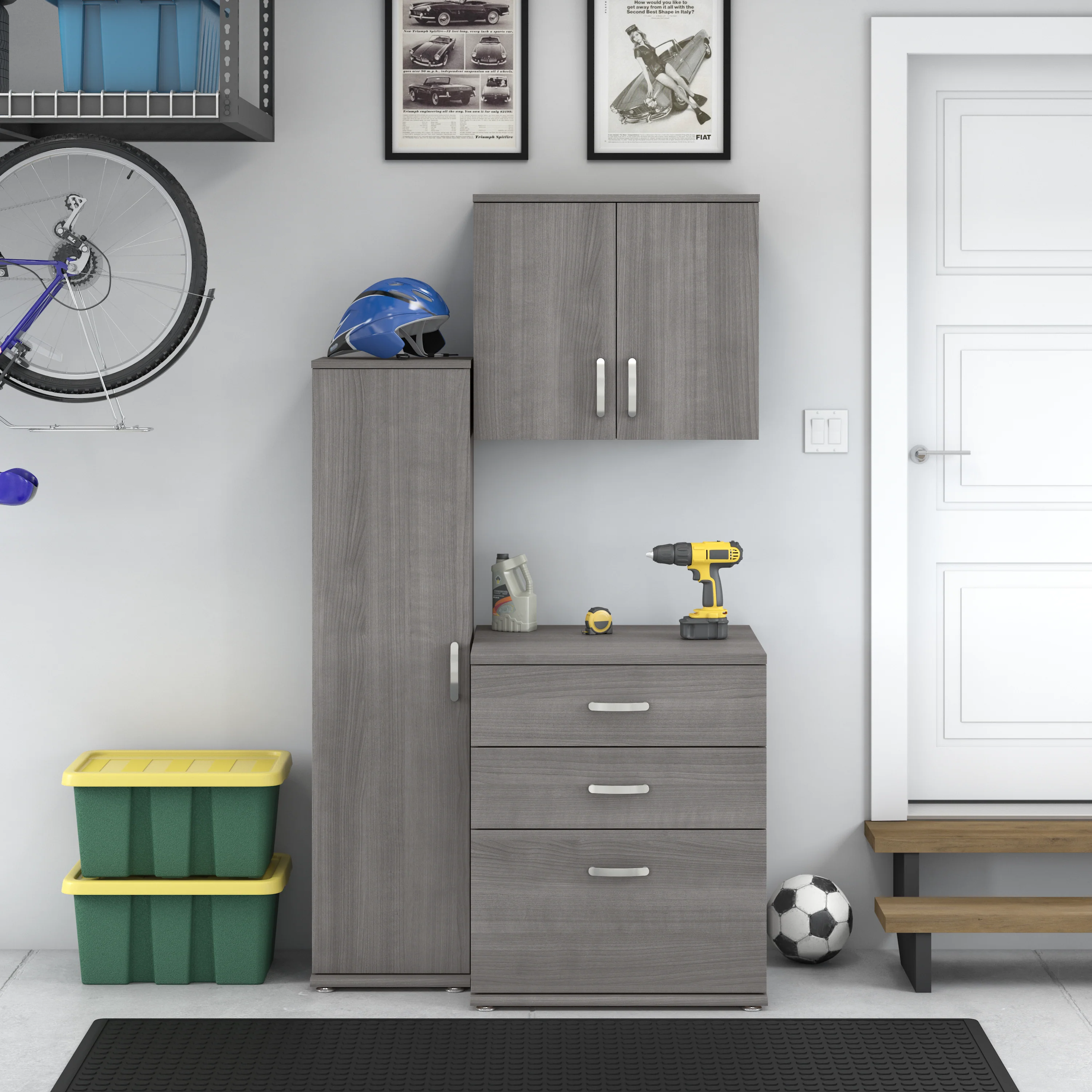 Universal 3 Piece Modular Garage Storage Set with Floor and Wall Cabinets