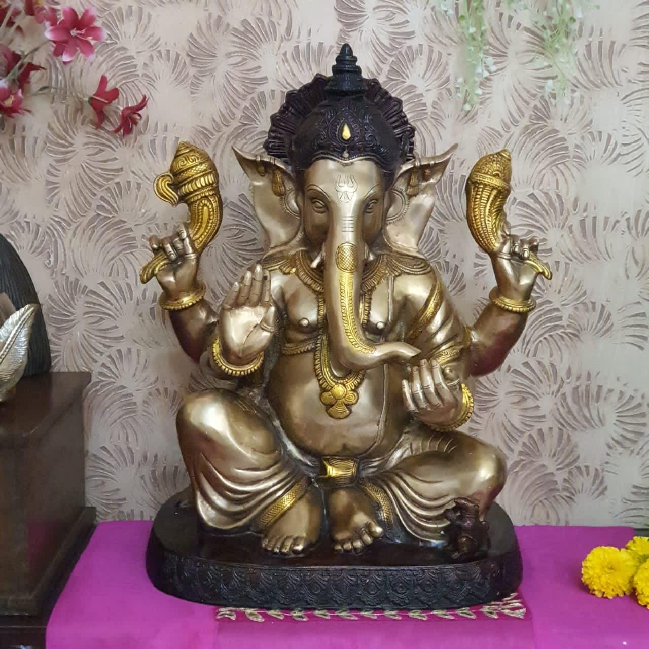 22 Inch Lord Ganesh Brass Idol - Ganpati Statue for Home Pooja And Entrance Decor