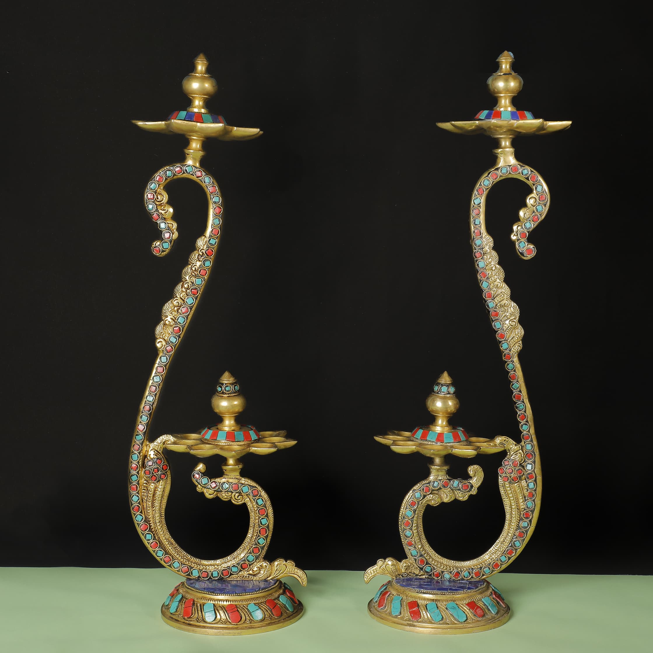 20 Inches Handmade Standing Brass Diya Lamp With Stonework (Set of 2)