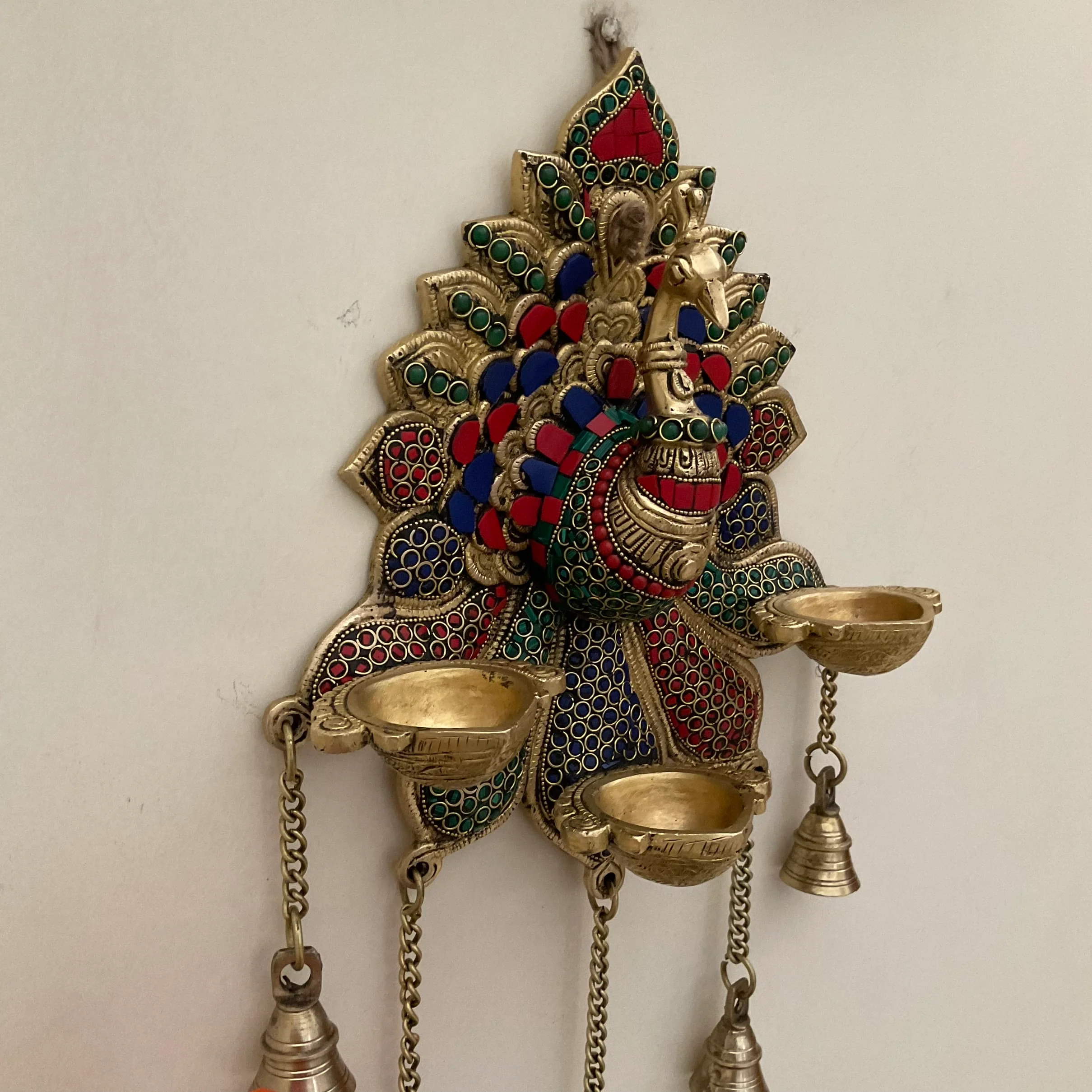 17.5 Inch Peacock Wall Hanging Diya Bell - Brass Stonework Decor
