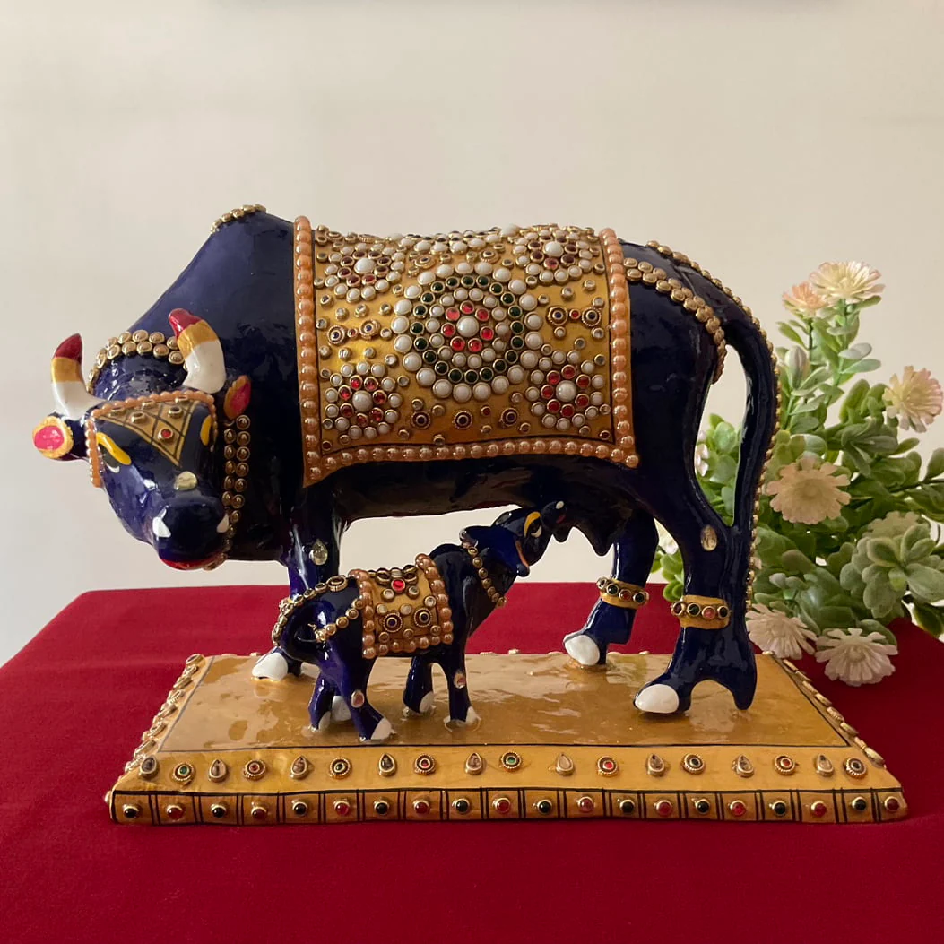 9 Inches Kamdhenu Cow and Calf Set Metallic Statue