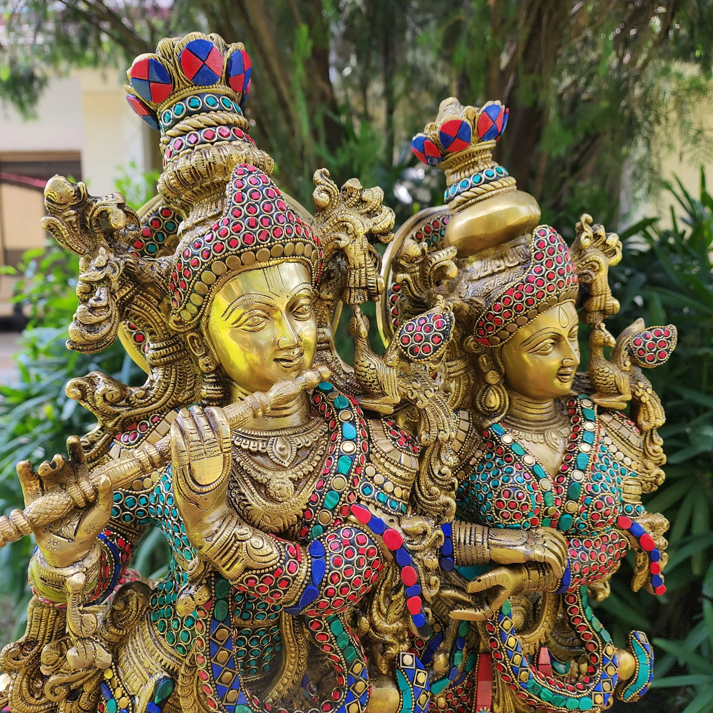 28 Inch Radha Krishna With Cow Brass Stonework Statue Idol