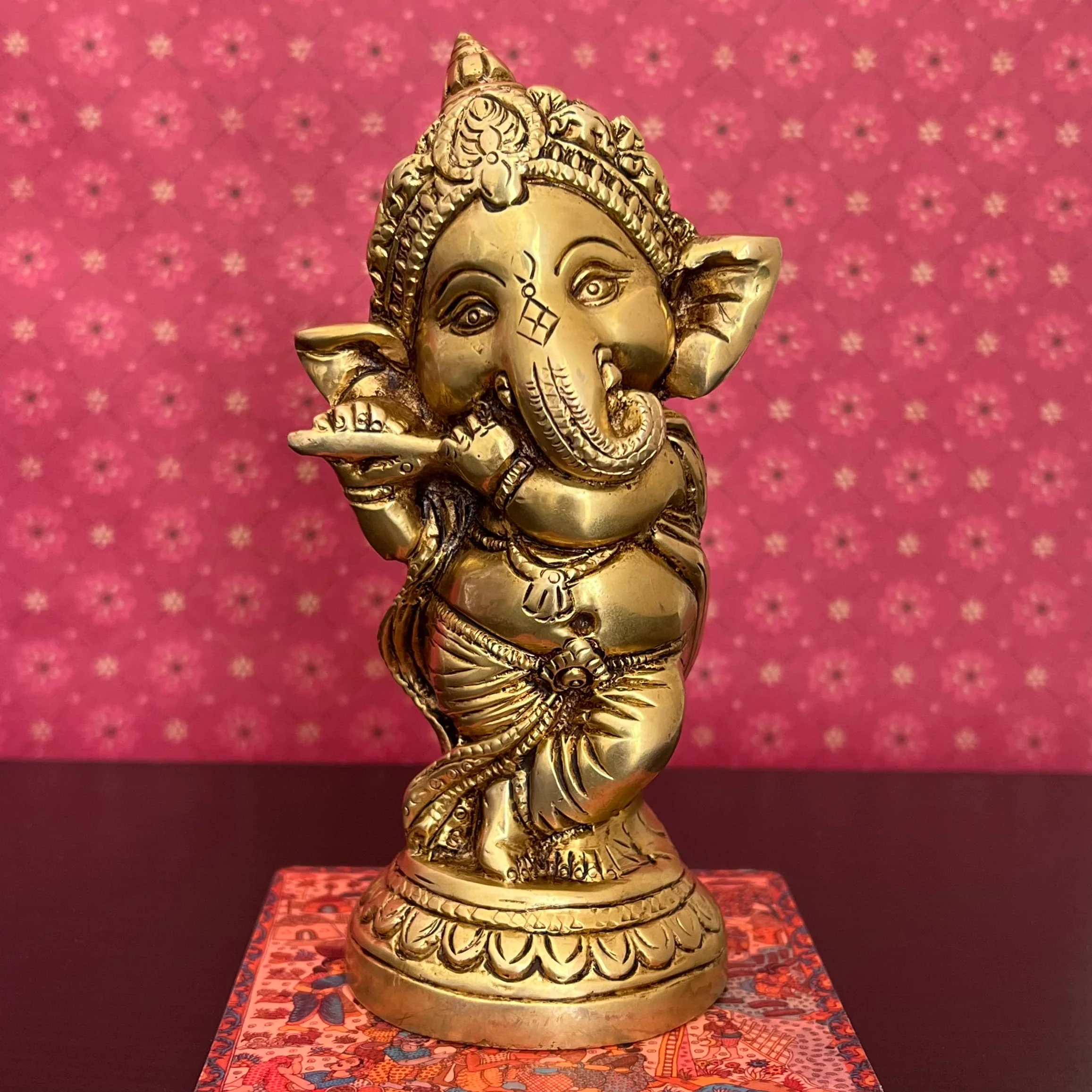 Flute And Dancing Baby Ganesh Brass Idol (Set of 2)