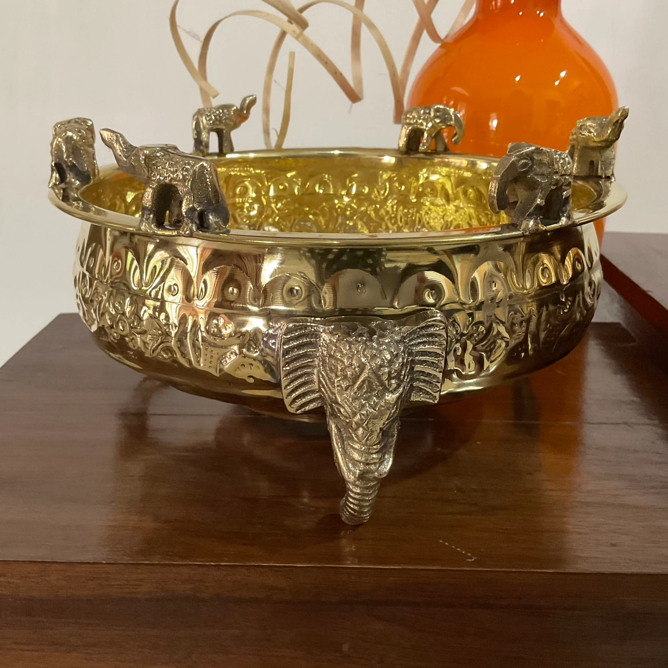 Brass Elephant Urli - 8 Inch Urli Bowl For Festive Decor