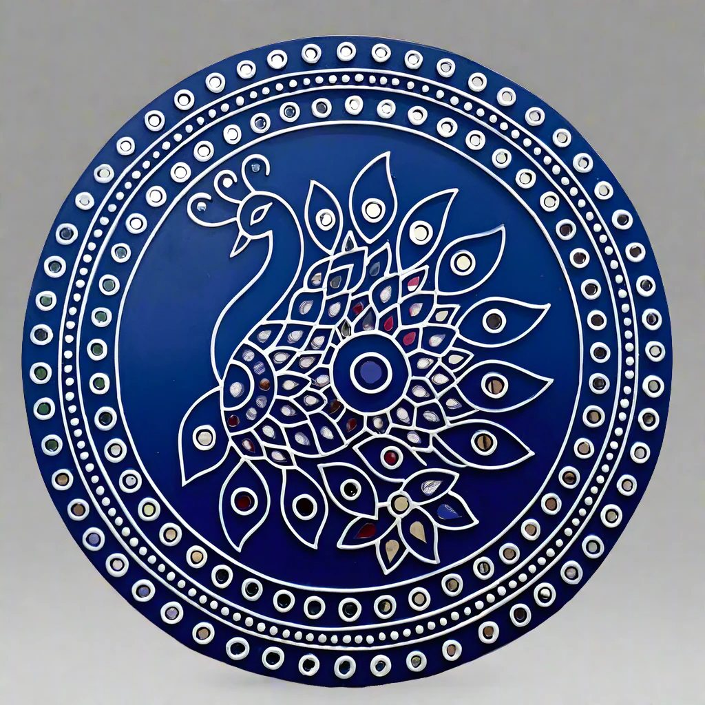18 Inches Peacock Navy Blue Lippan Art Wall Hanging - Clay Mirror Wall Decor