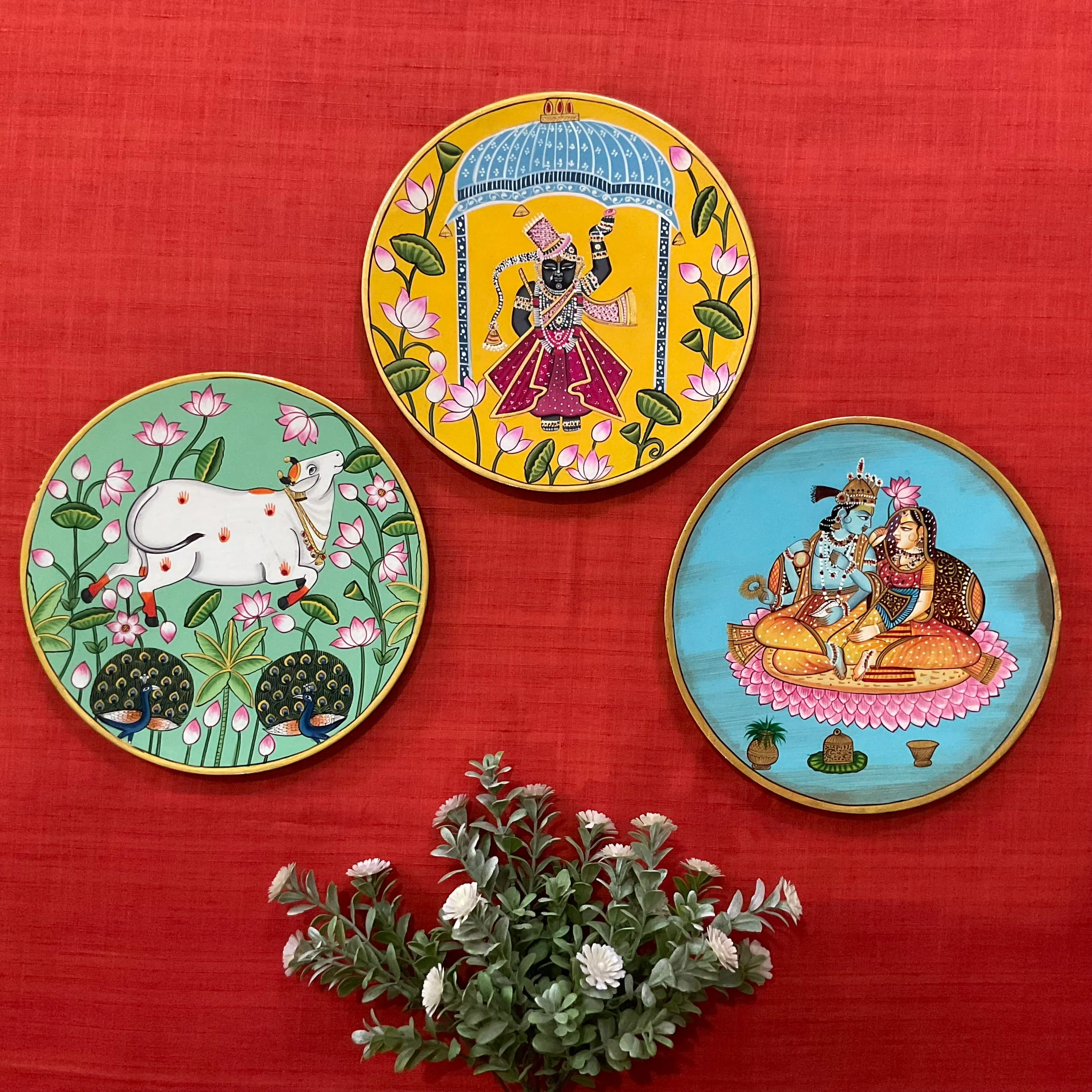 Radha Krishna, Shrinathji Cow Pichwai Wall Hanging - Decorative Round Plate