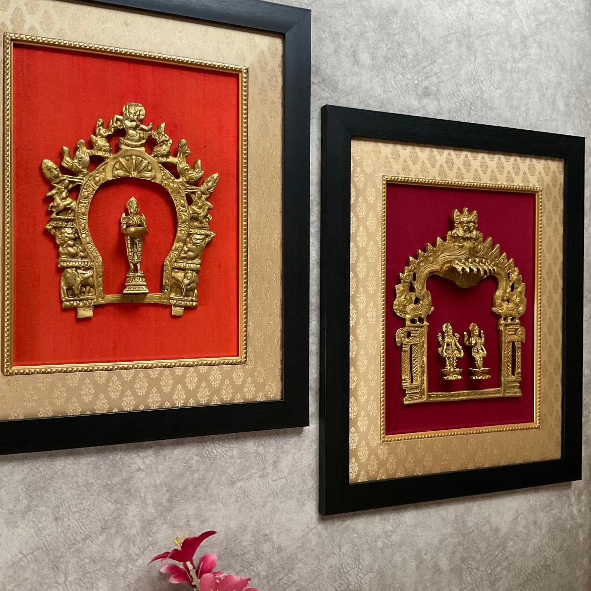 Framed Brass Prabhavali (Set of 2) - Lakshmi Vishnu And Deep Lakshmi - Ethnic Wall Decor