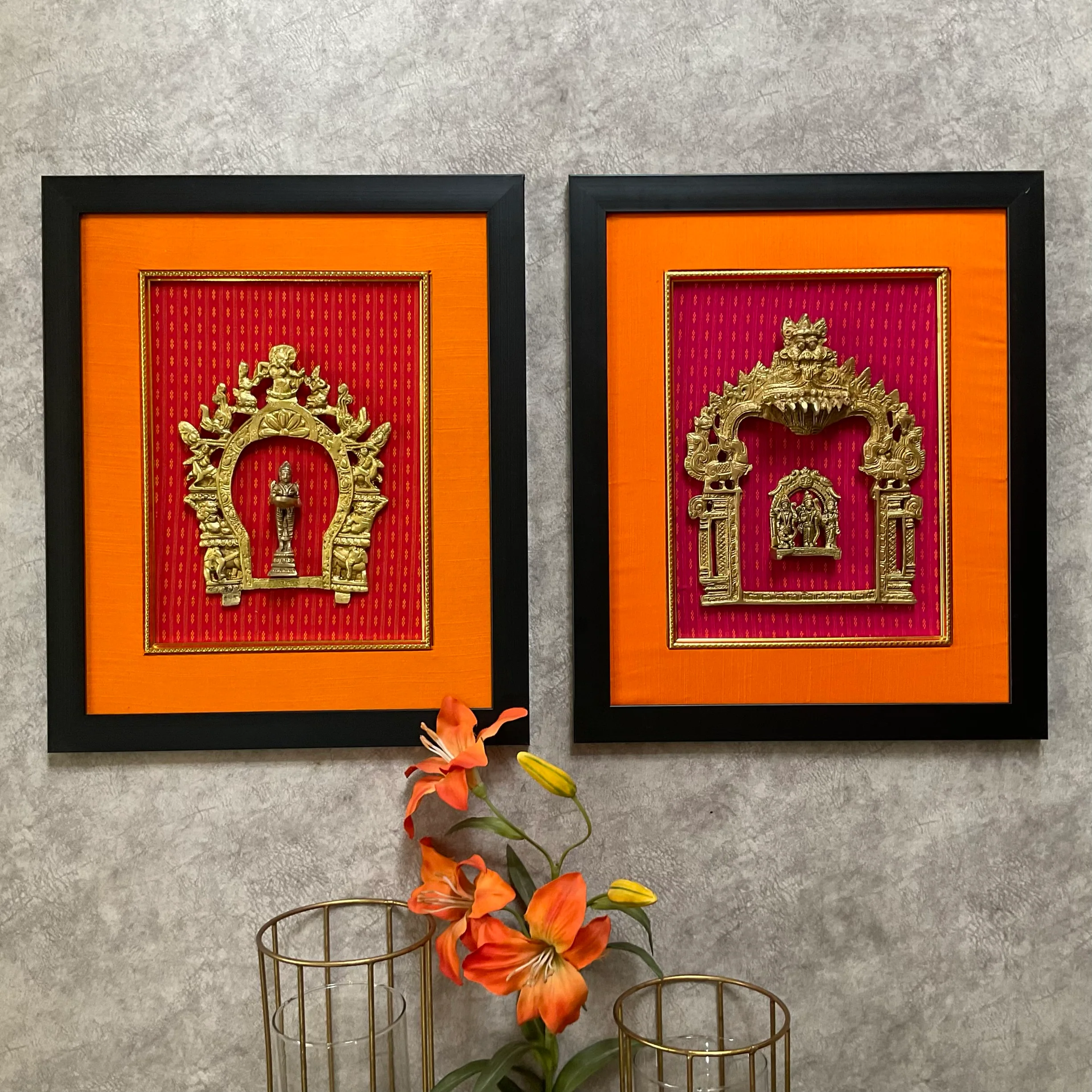 Framed Brass Prabhavali (Set of 2) - Ram Darbar And Deep Lakshmi - Ethnic Wall Decor