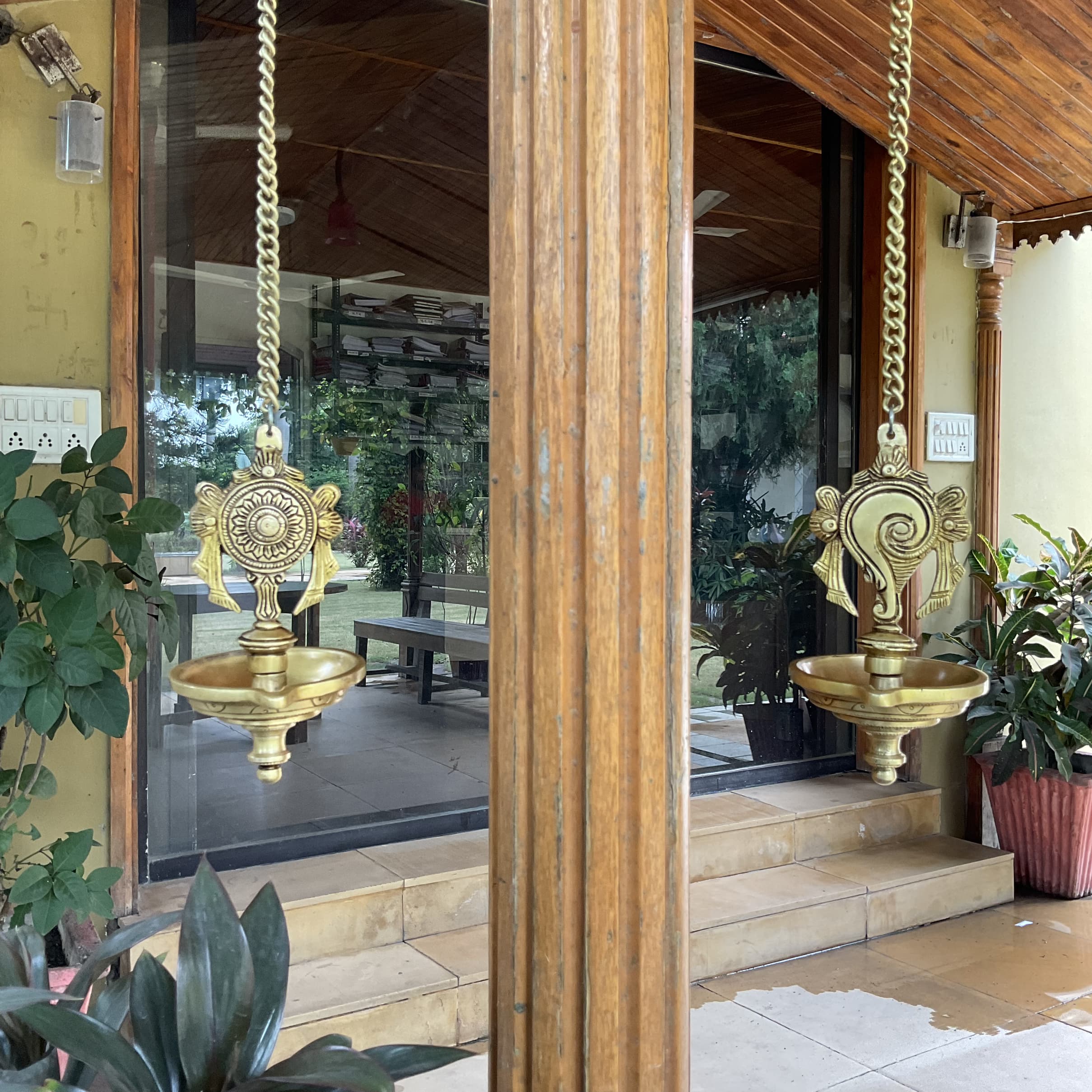 Shanku Chakra Hanging Diya (Set is 2) - Brass Wall Hanging - Temple Decor