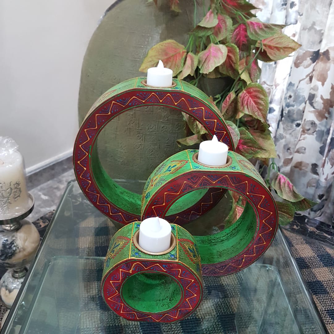 Green & Red - Rajasthani Wooden Candle Holder (Set of 3)