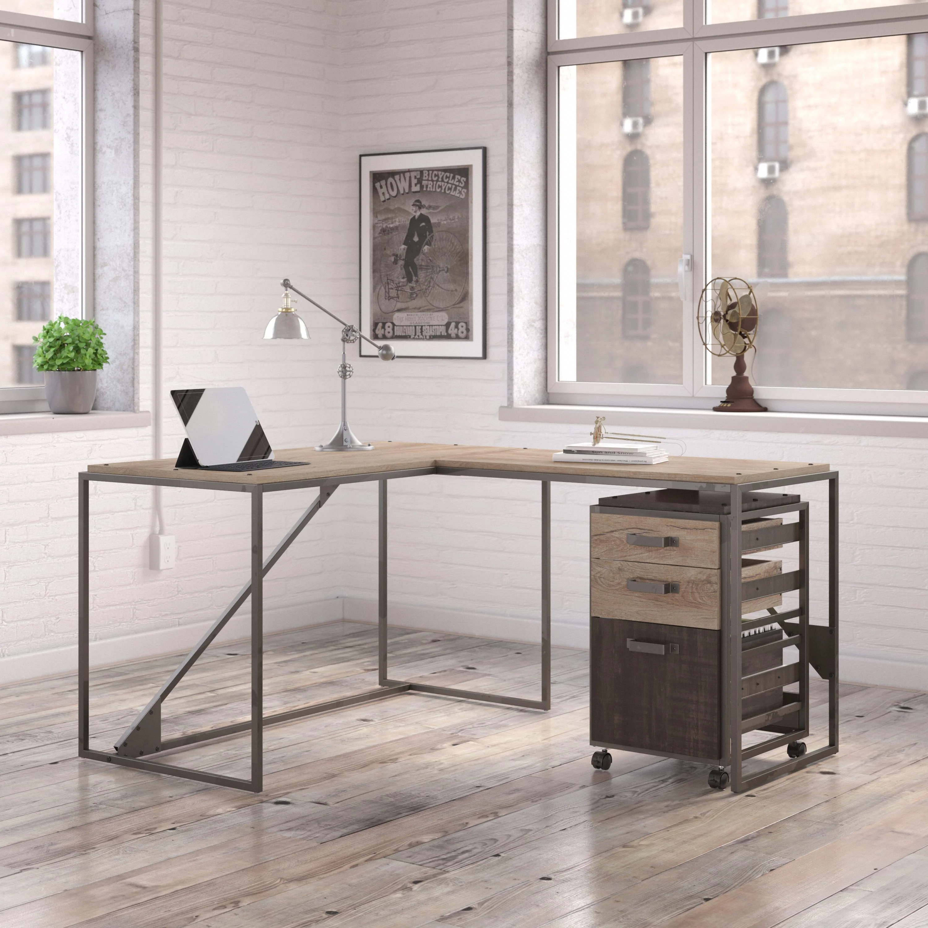 Refinery 50W L Shaped Industrial Desk with 3 Drawer Mobile File Cabinet