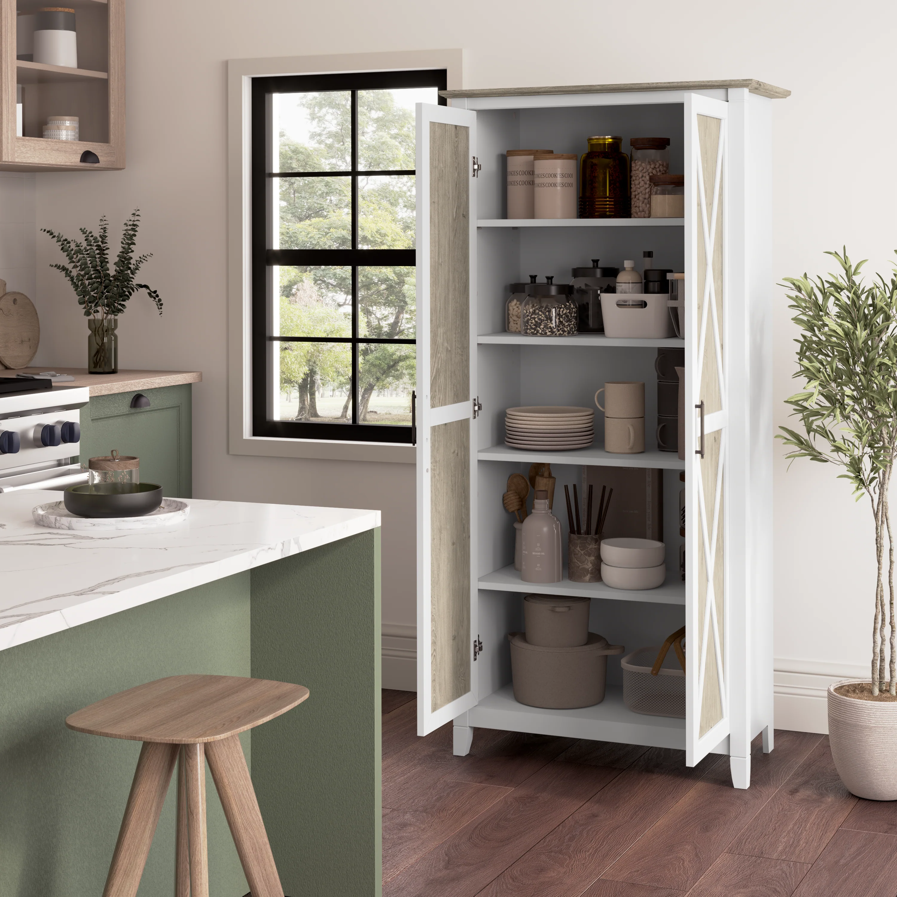 Key West Tall Kitchen Pantry Cabinet with Doors and Shelves