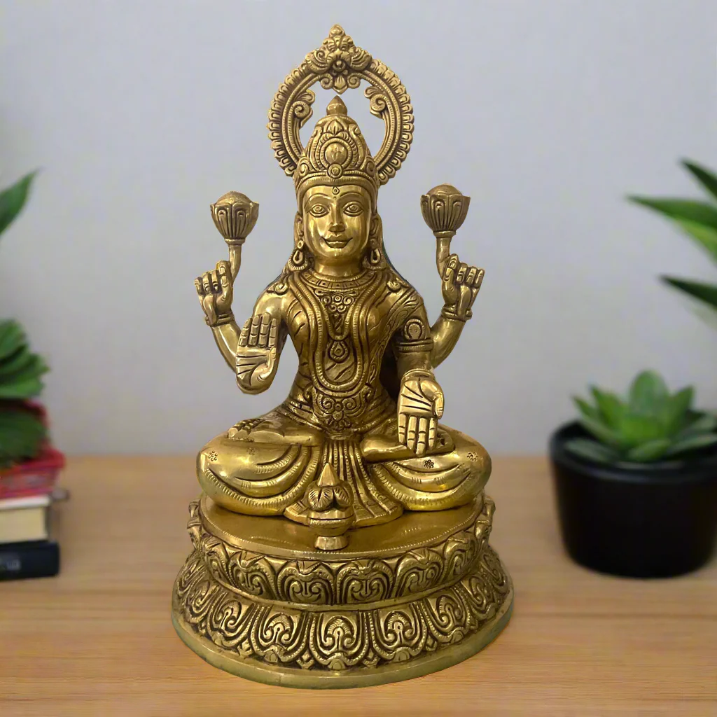 14 Inch Goddess Lakshmi Brass Idol - Goddess of Fortune, Wealth, Prosperity - Pooja Statue