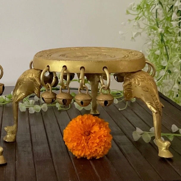 Elephant Brass Chowki With Bells For Idols And Pooja