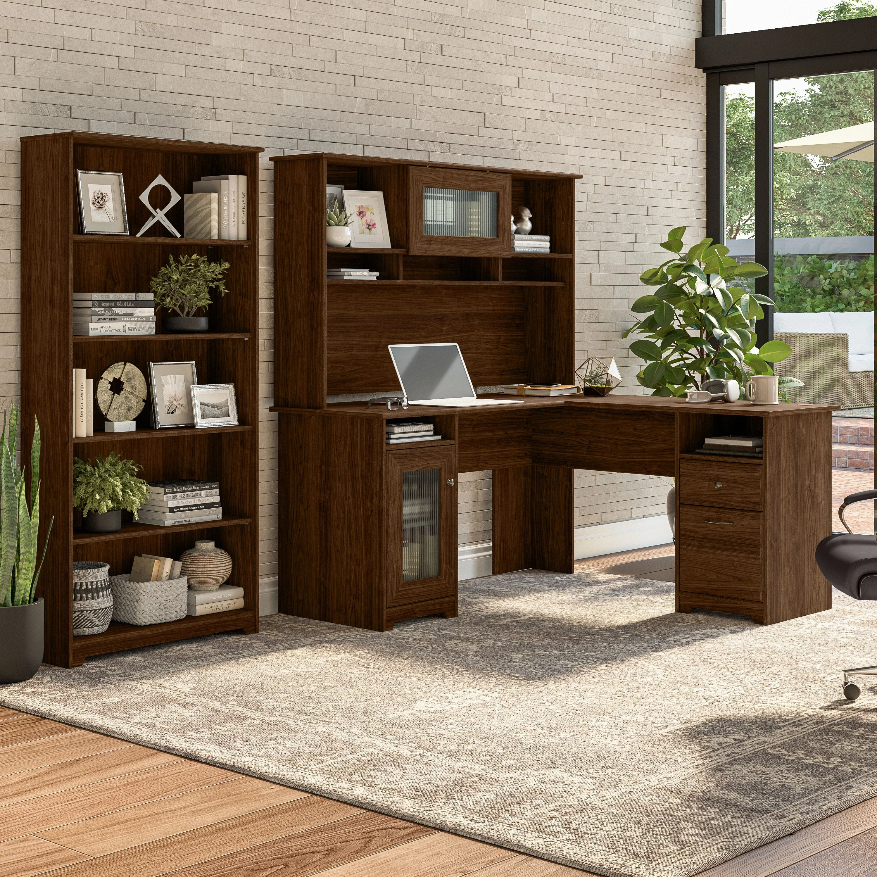 Cabot 60W L Shaped Computer Desk with Hutch and 5 Shelf Bookcase