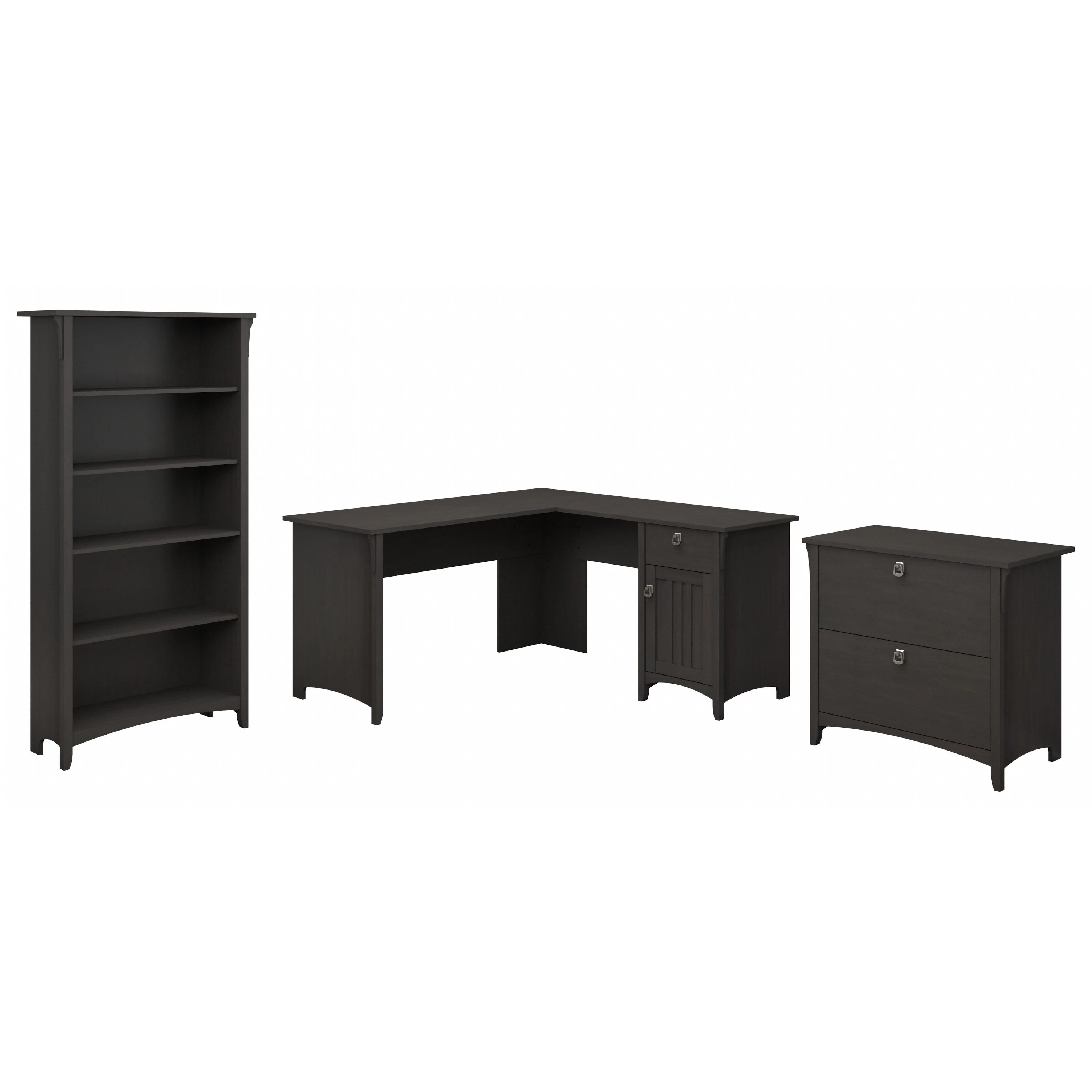 Salinas 60W L Shaped Desk with Lateral File Cabinet and 5 Shelf Bookcase