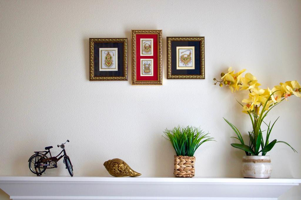 Handcrafted Jewelry Painting (Set of 3) - Wall Decor - 22K Gold Leaf Meenakari Marble Art