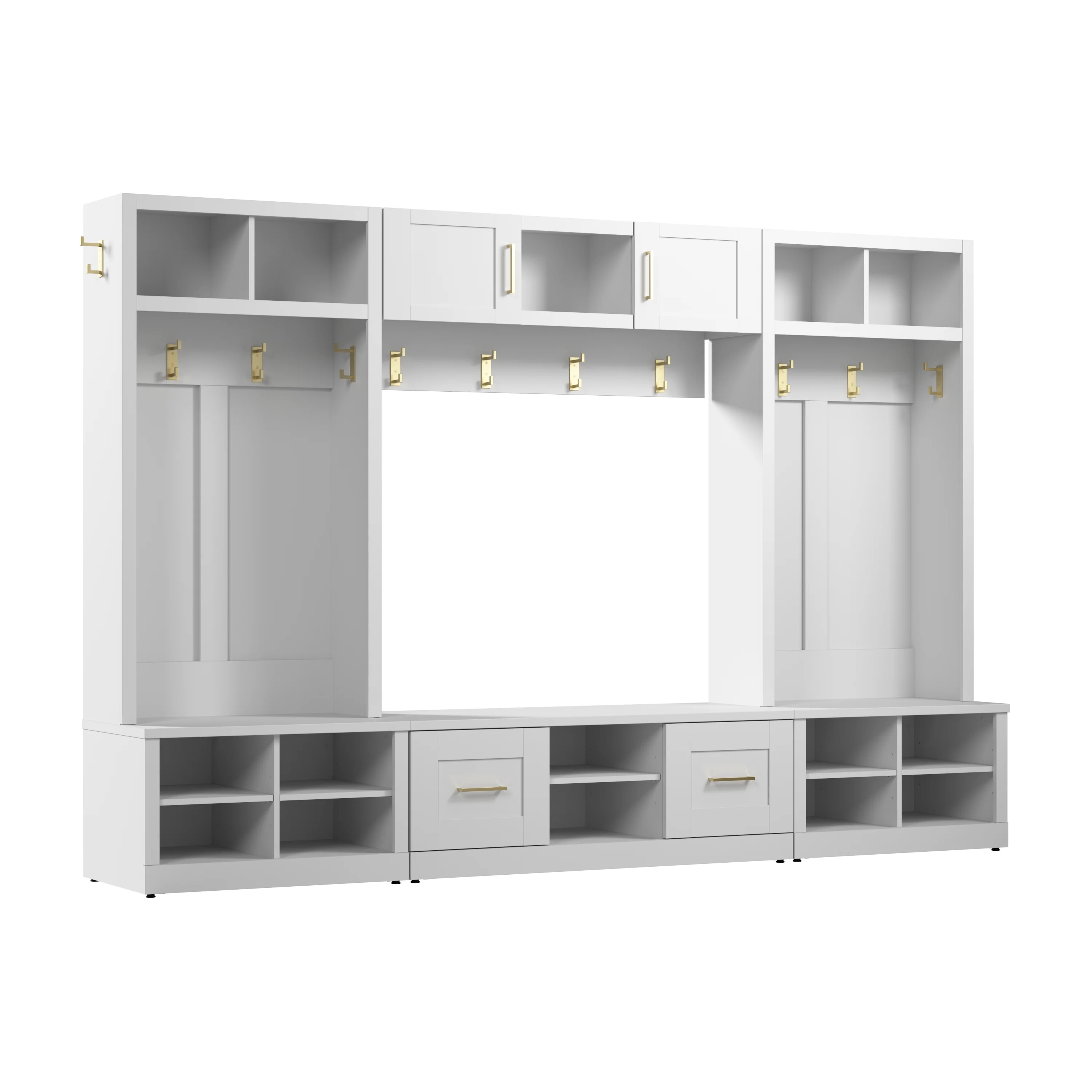 Hampton Heights Full Entryway Storage Set with Coat Rack, Hall Trees, and Shoe Benches with Doors