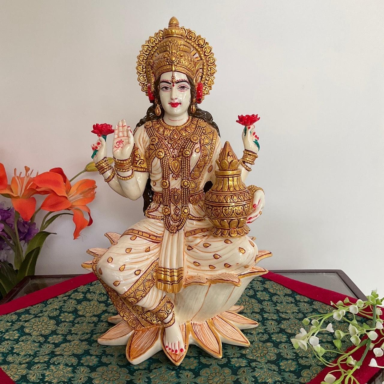 12 Inches Goddess Lakshmi Marble Dust & Resin Idol -  Decorative Statue Figurine
