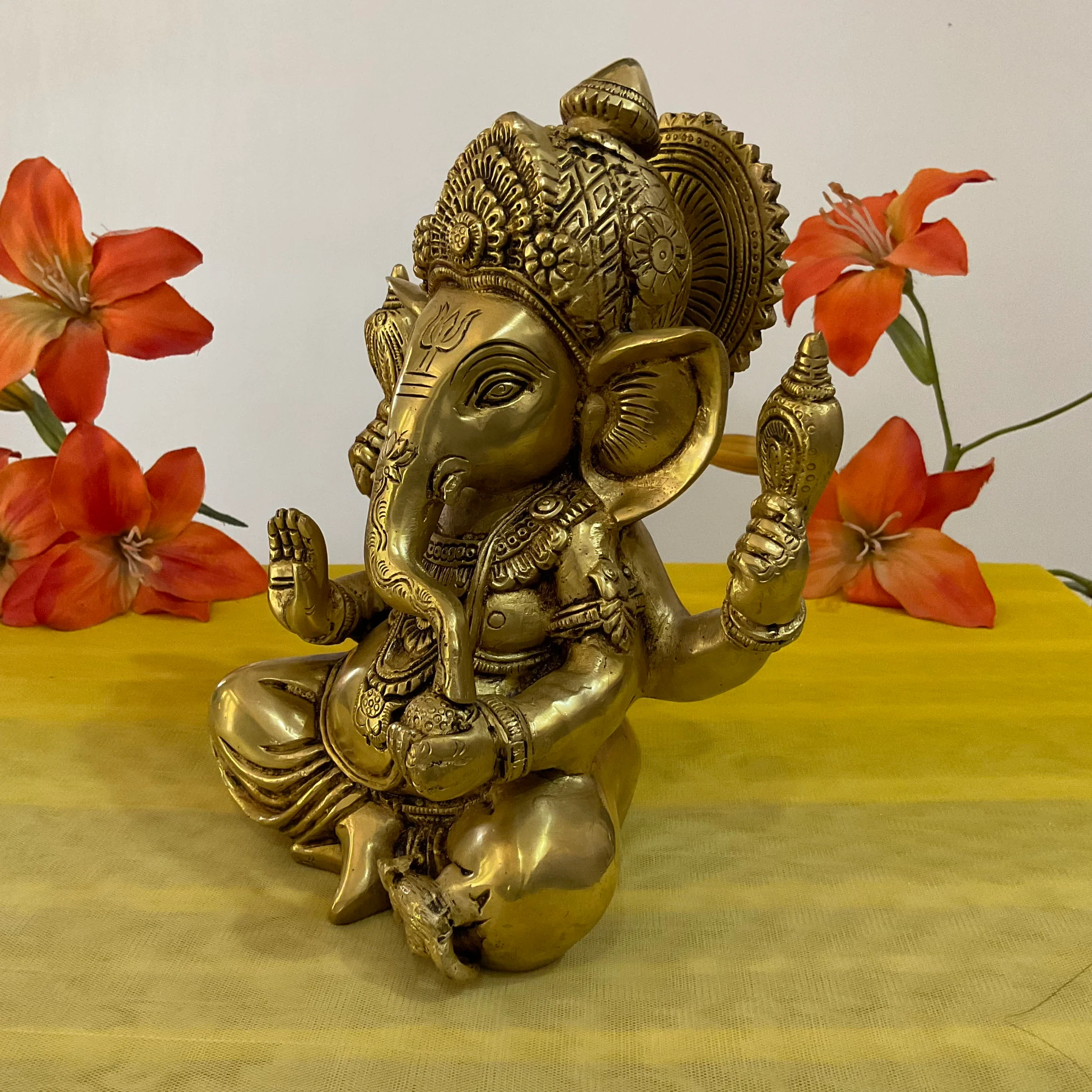 9 Inch Brass Ganesh Idol For Pooja - Home Decor Festive Statue