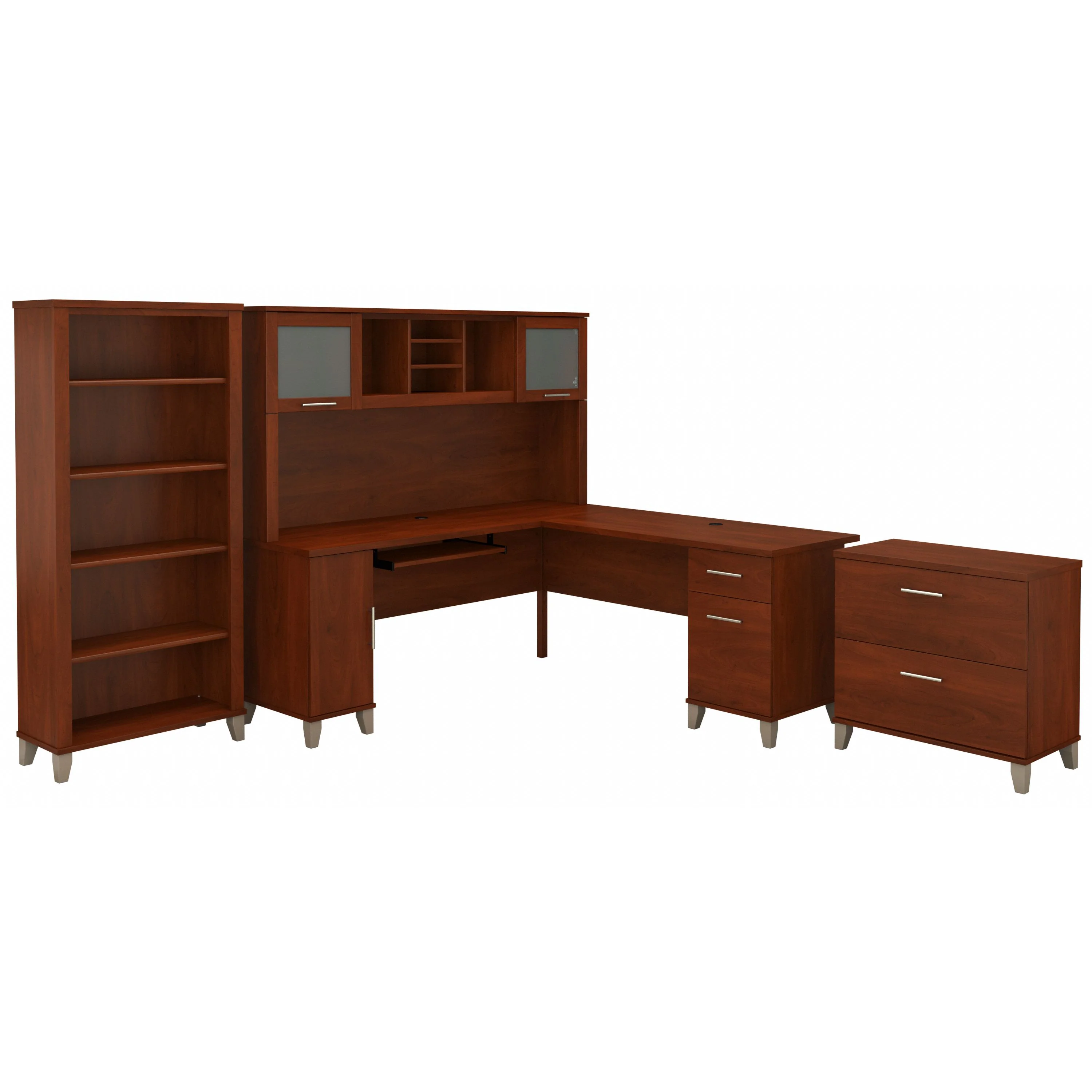 Somerset 72W L Shaped Desk with Hutch, Lateral File Cabinet and Bookcase