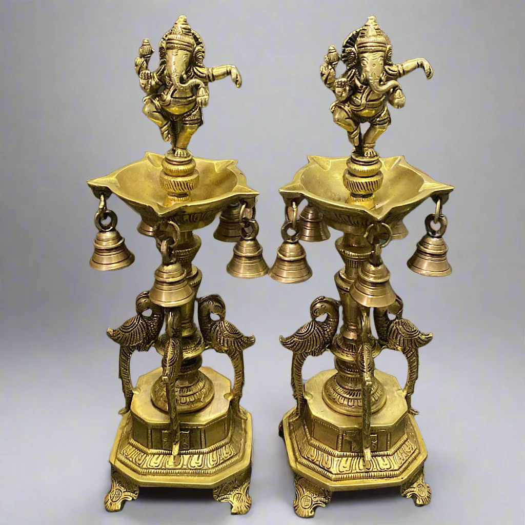 14 Inches Dancing Ganesha Brass Diya Lamp (Set of 2) - Temple Decor - Brass Diya For Pooja