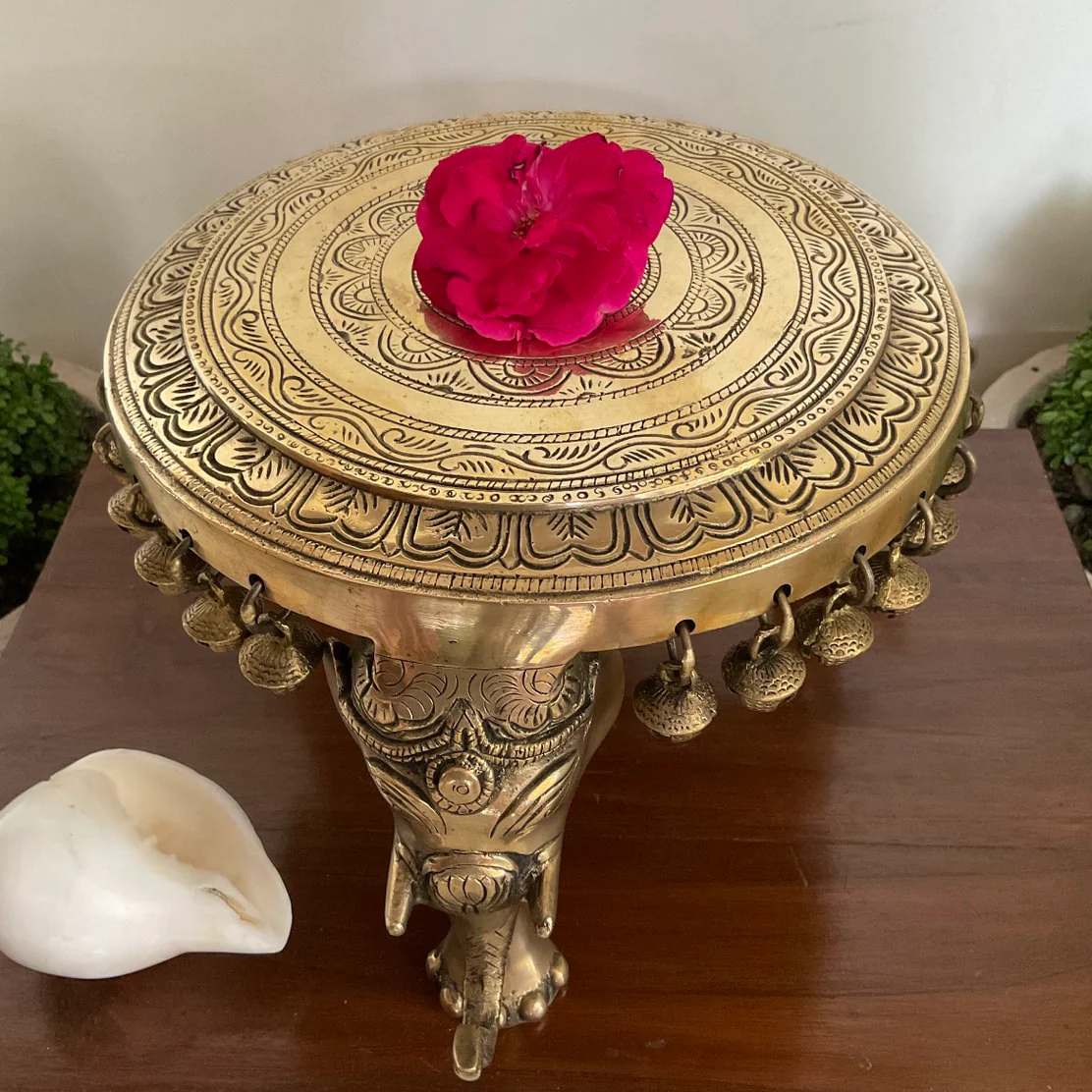 Elephant Brass Chowki With Bells For Idols And Pooja