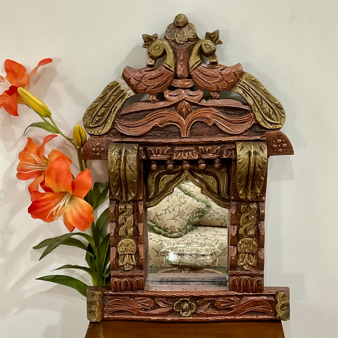 18 Inch Wooden Peacock Jharoka With Mirror - Wall Decor