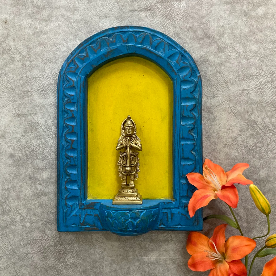 Distressed Wooden Blue Half Round Frame With Hanumanji Brass Idol Wall Hanging (Set of 2) - Decorative Wall decor