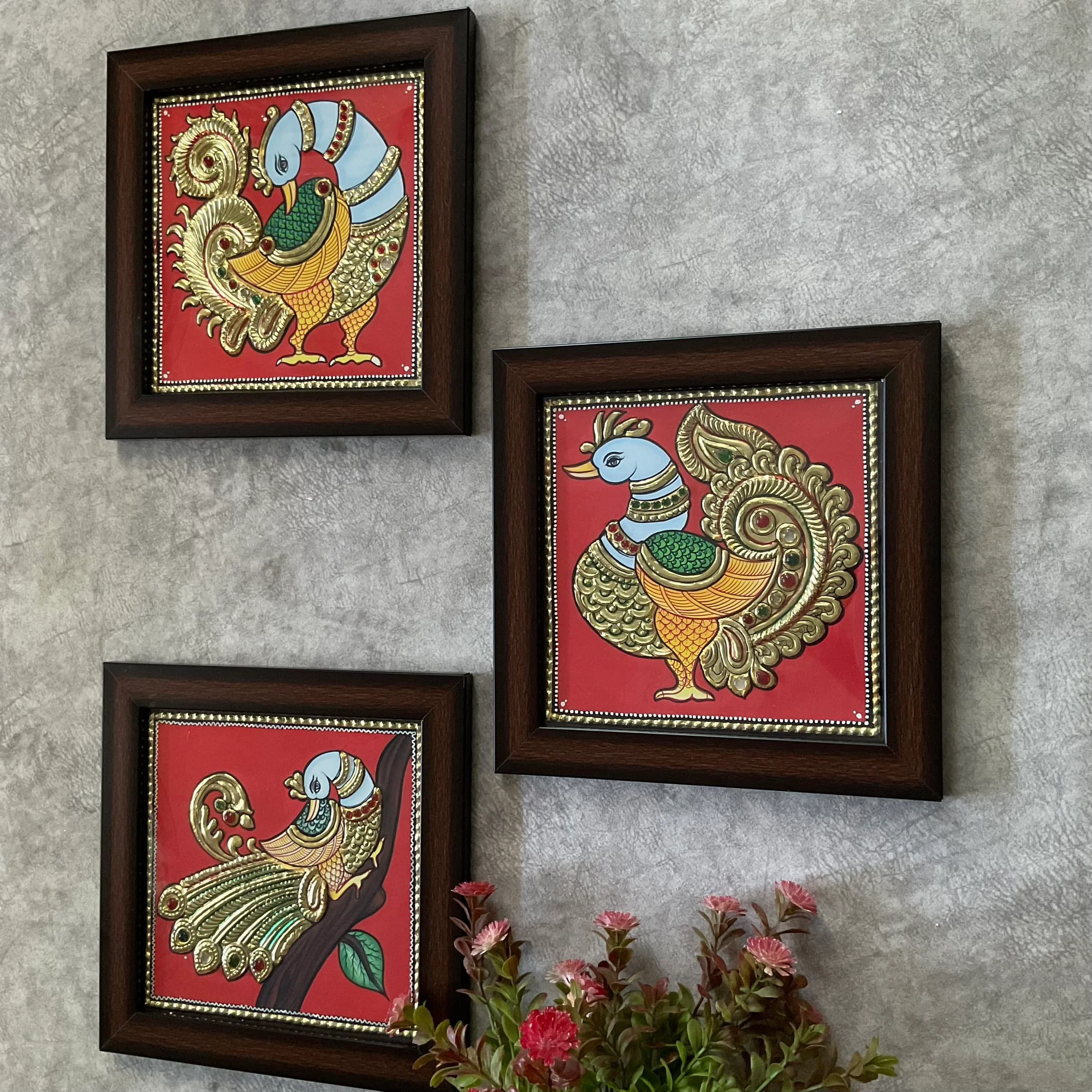 Bird Tanjore Painting (Set of 3) Traditional Wall Art