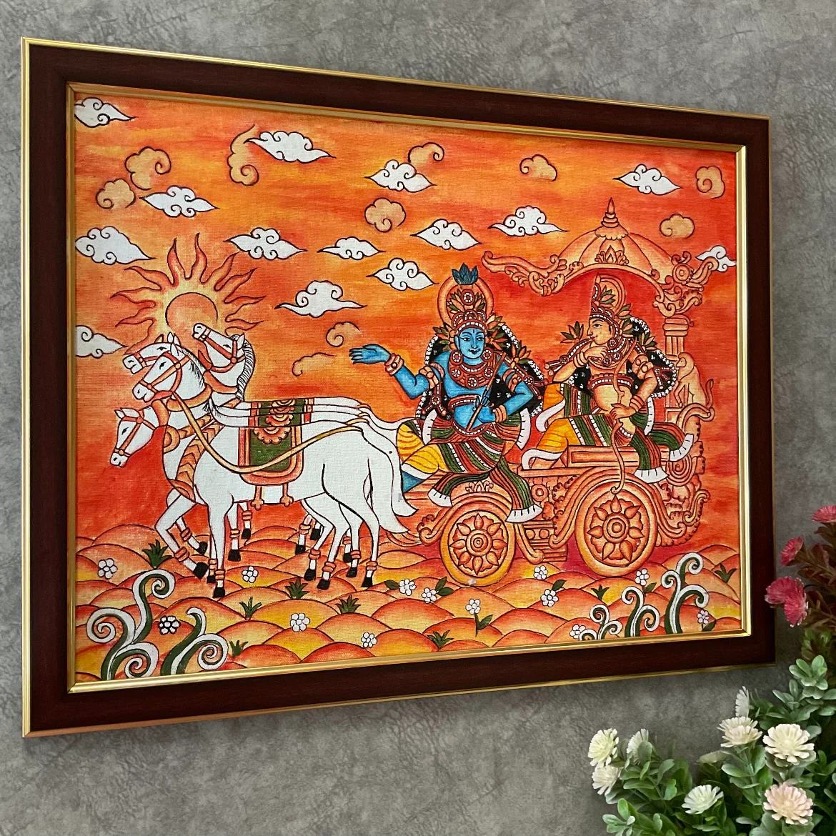 Krishna Arjun Rath Kerala Mural - Handpainted Wall Decor