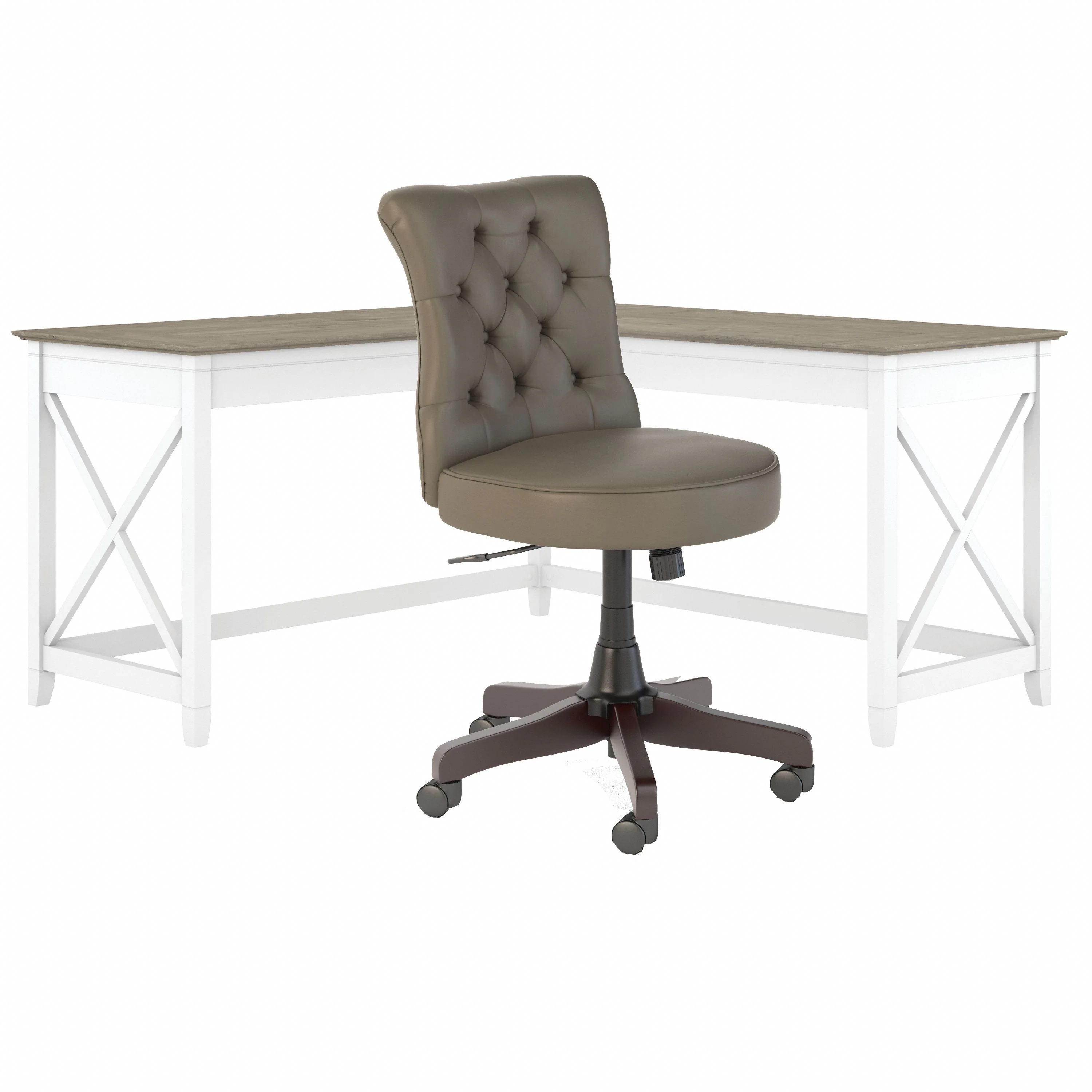 Key West 60W L Shaped Desk with Mid Back Tufted Office Chair