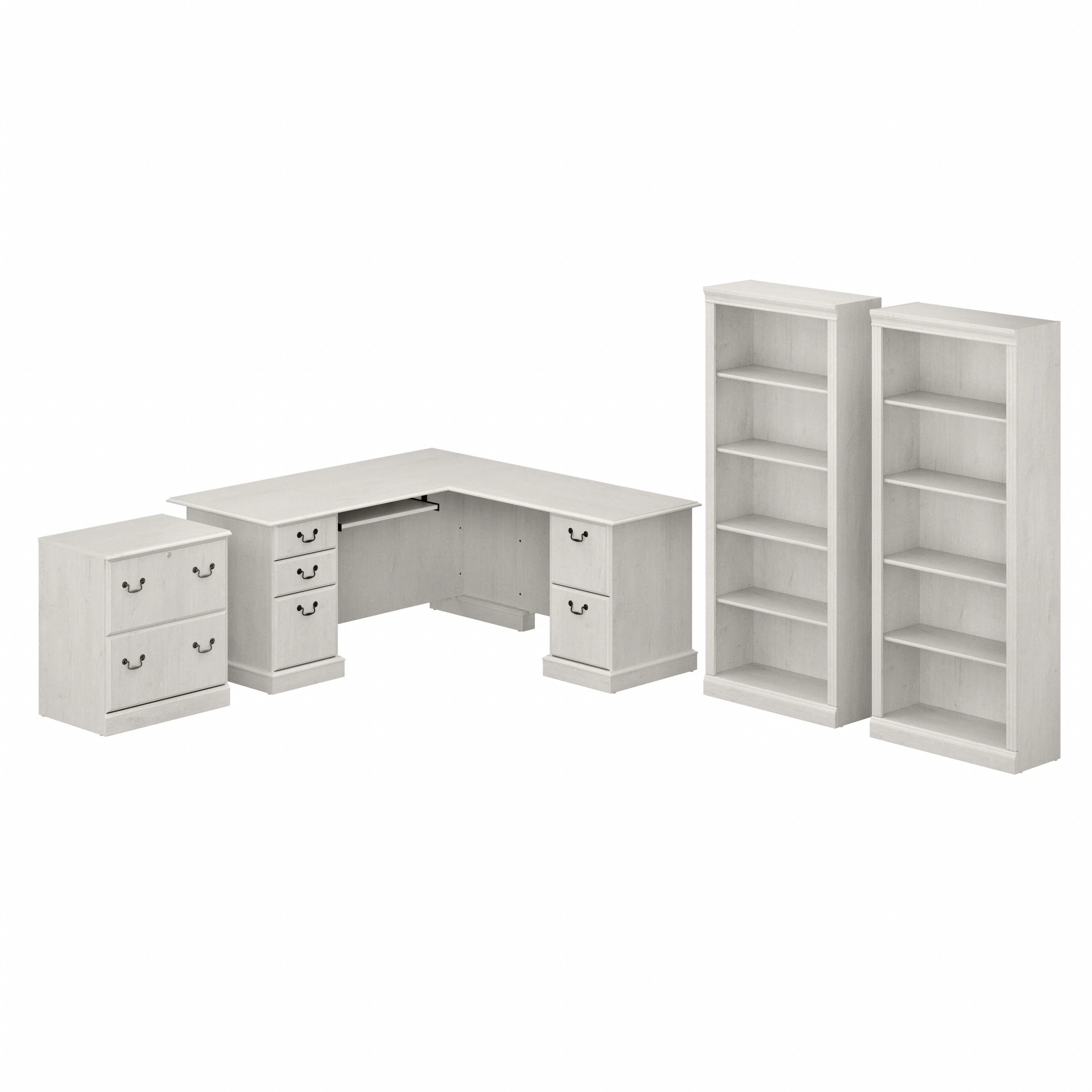 Saratoga L Shaped Computer Desk with File Cabinet and Bookcase Set