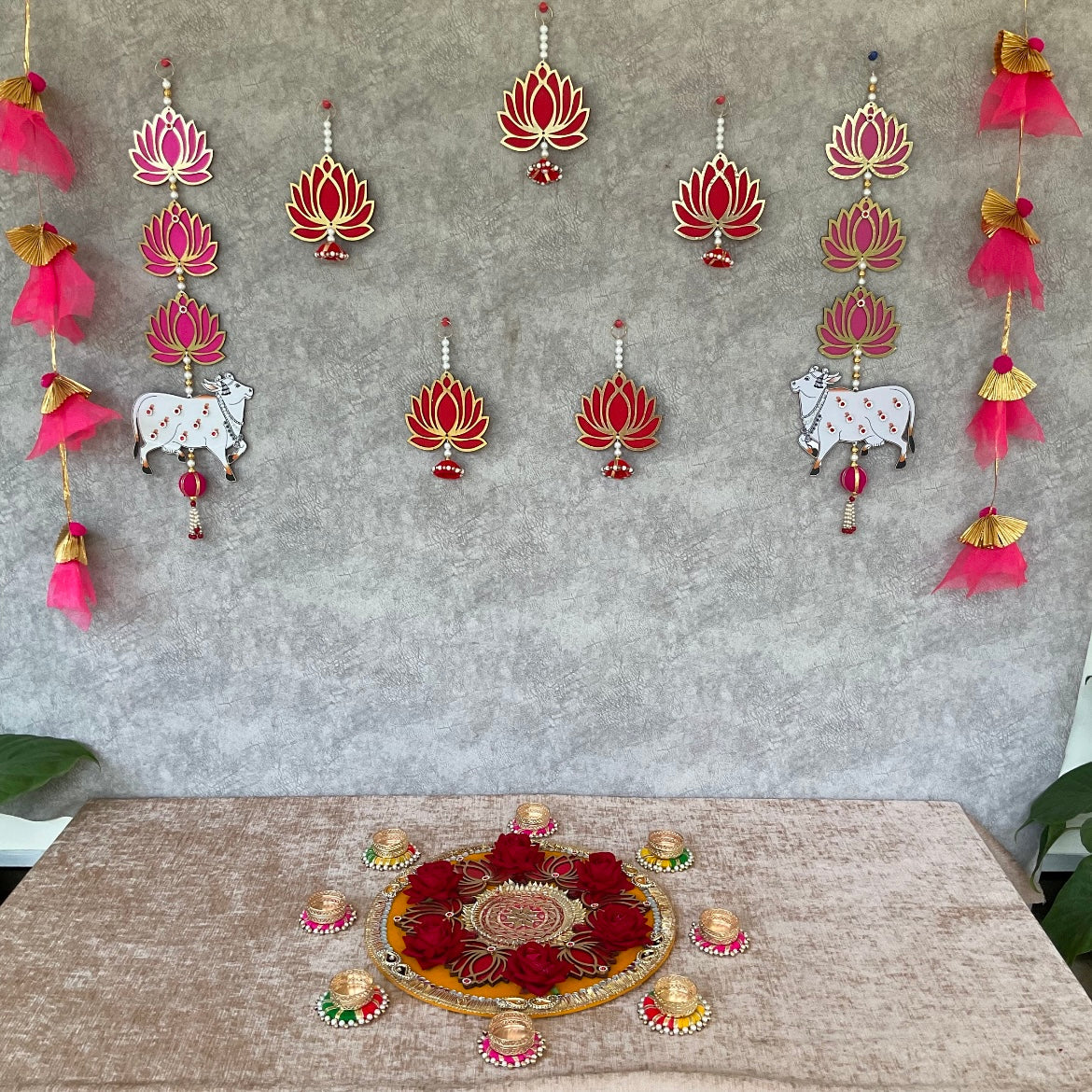 Pichwai Cow Lotus & Frills Wall Decor With Decorative Plate & Tea Light (Set of 18) - Festive Decoration Wall Hanging