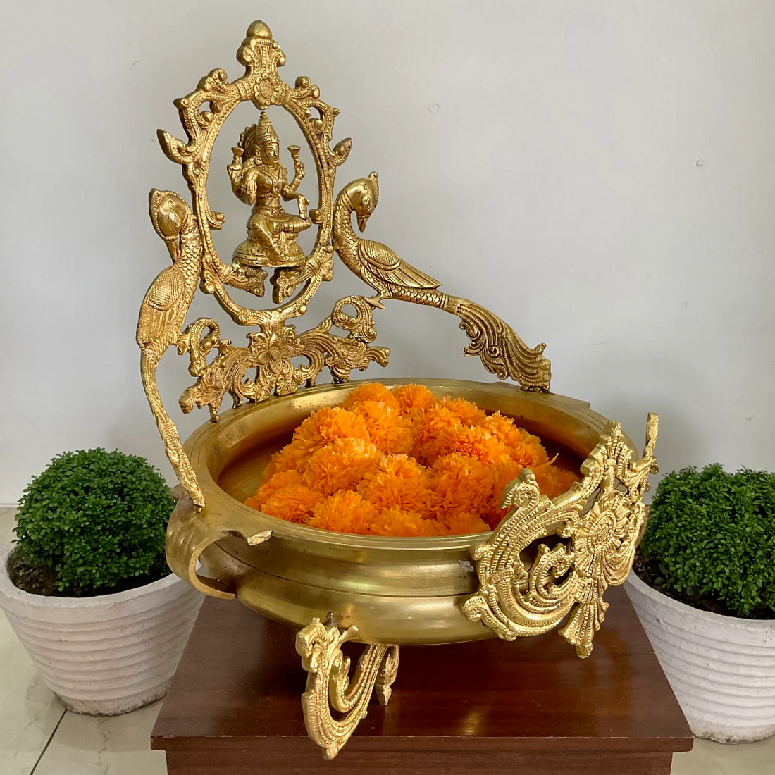 Goddess Lakshmi Peacock Brass Urli For Home Decor With 2 Free Marigold Garlands
