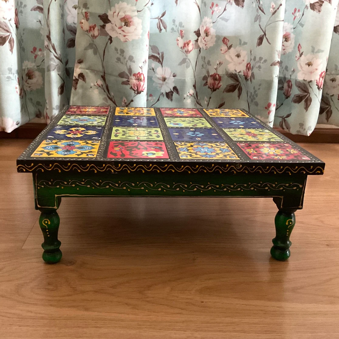 14 Inches Ceramic Tile Wooden Chowki For Idols And Pooja