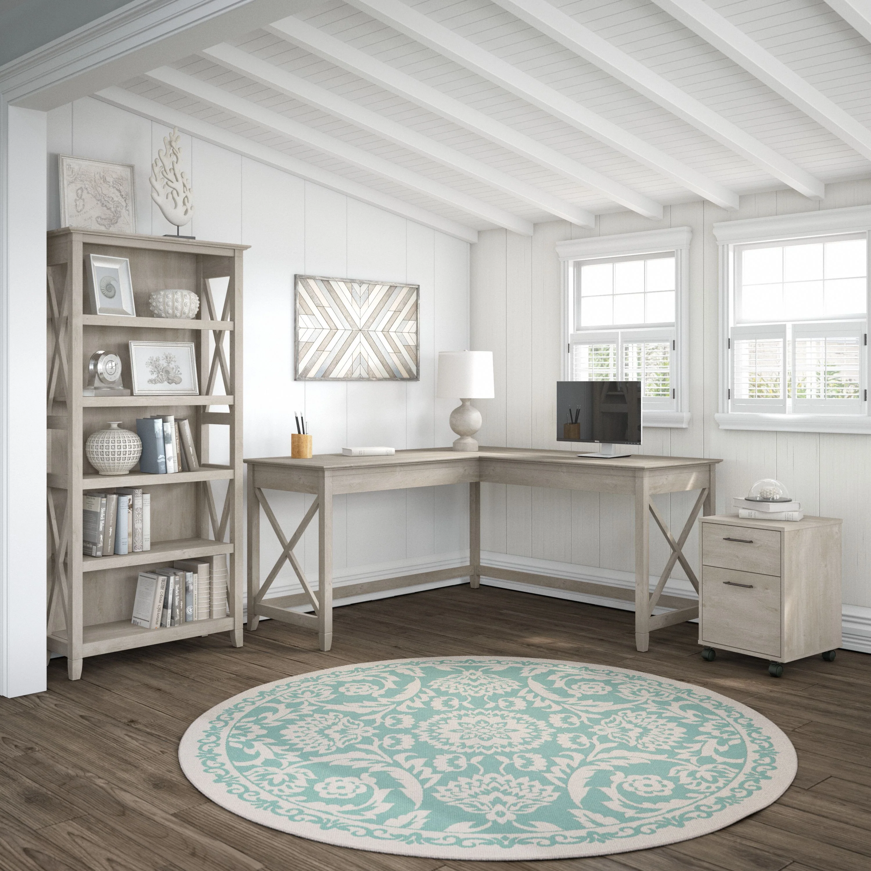 Key West 60W L Shaped Desk with 2 Drawer Mobile File Cabinet and 5 Shelf Bookcase